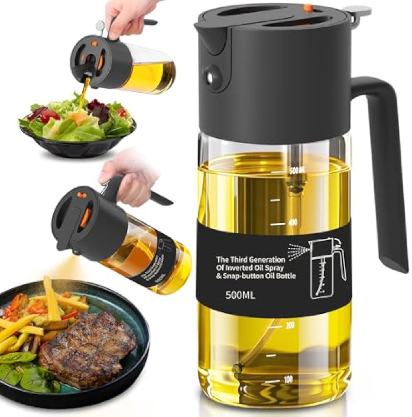 Oil Sprayer for Cooking, 2025 Large Advanced Olive Oil Dispenser Bottle,500ml/17oz Glass Olive Oil Sprayer,2 in 1 Even Spray with Portion Control for Kitchen, Air Fryer, Salad, BBQ - Black