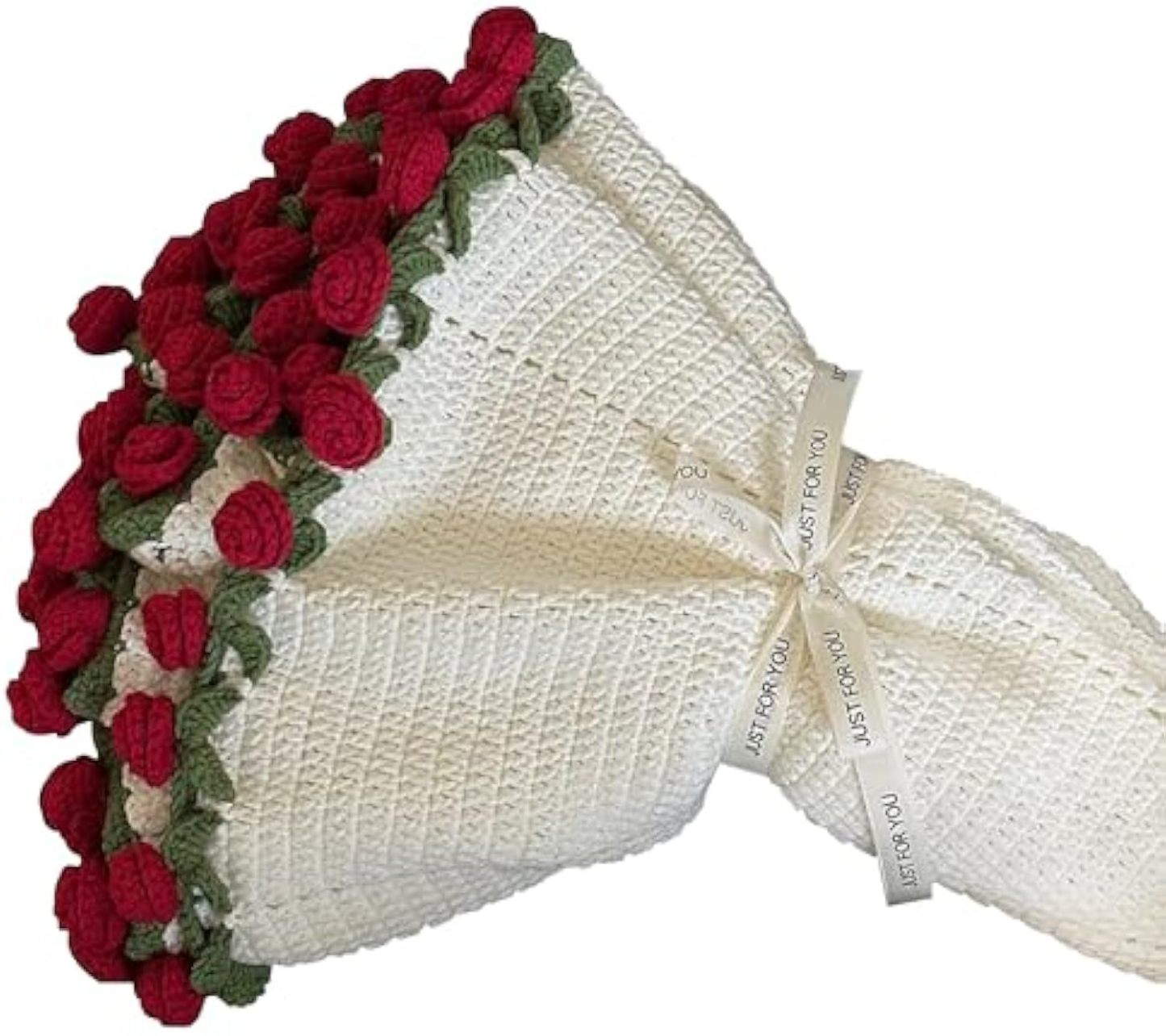 Handmade Roses Flower Bouquet Blanket with Crochet for Birthday & Wedding & Valentine’s Day & Home Decor (31.5 inch - Finished)
