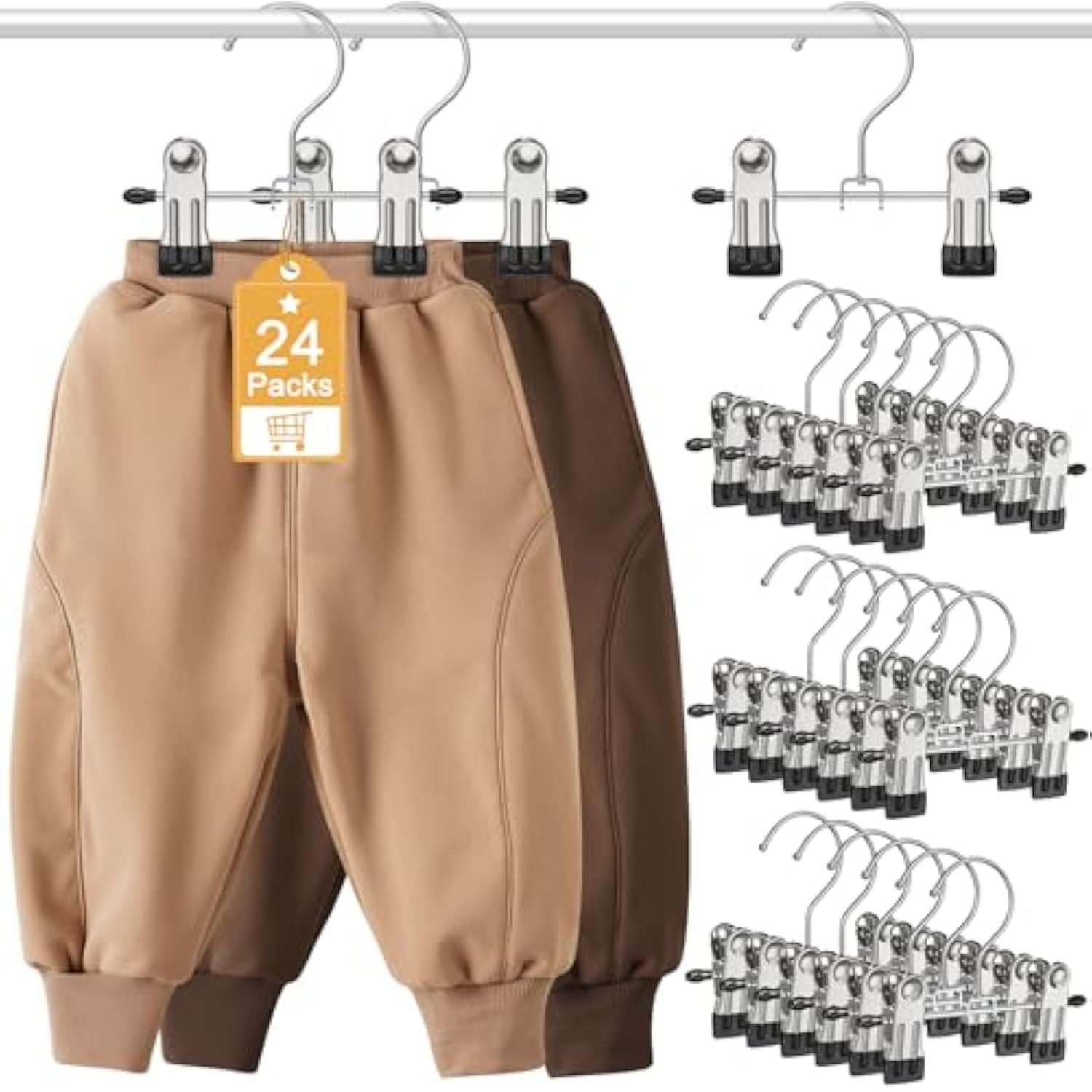 24 Pack Baby Hangers with Clips, 360°Rotatable Toddler Pant Hangers with Clips, Non-Slip Space Saving Kids Hanger for Newborn Children Clothes Skirts Boots Closet Organizers, Black