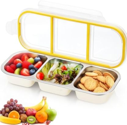 Stainless Steel Snack Container with Lids, Snackle Box Container for Adults, Reusable Metal Bento Box, Leek Proof 3 Compartment Divided Food Storage Containers for Diet Control, Picnic, Work, Travel