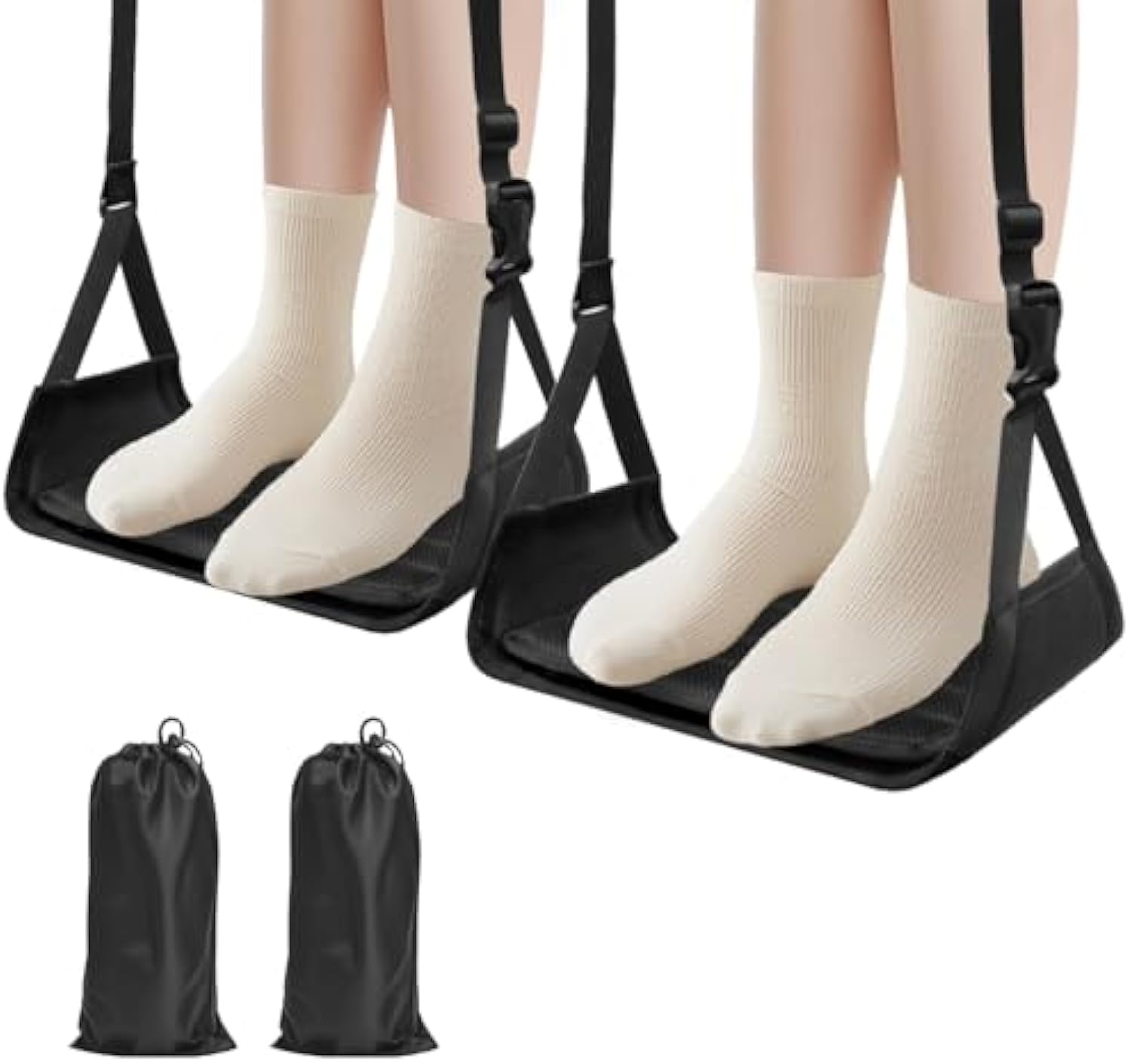 2-Pack Airplane Foot Hammock, Foot Rest for Plane Travel with Extended Adjustment Strap, Portable Desk Foot Hammock with Thickened Bamboo to Relax Your Feet, Foot Sling Travel Essentials