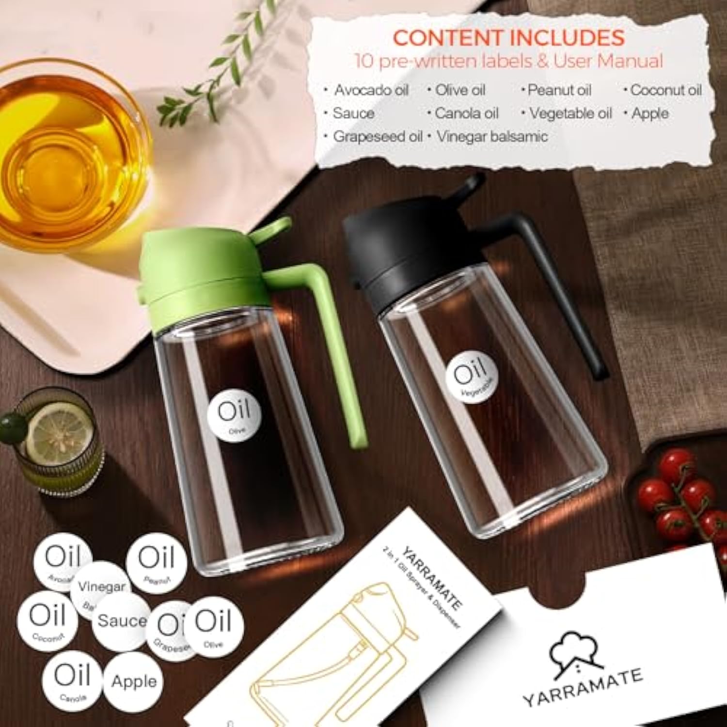 16oz/470ml Glass Olive Oil Sprayer for Cooking with Stickers, 2 in 1 Oil Dispenser for Kitchen Gadgets, Food Grade Premium Spray Bottle with Portion Control for Salad, Frying, BBQ (Black)