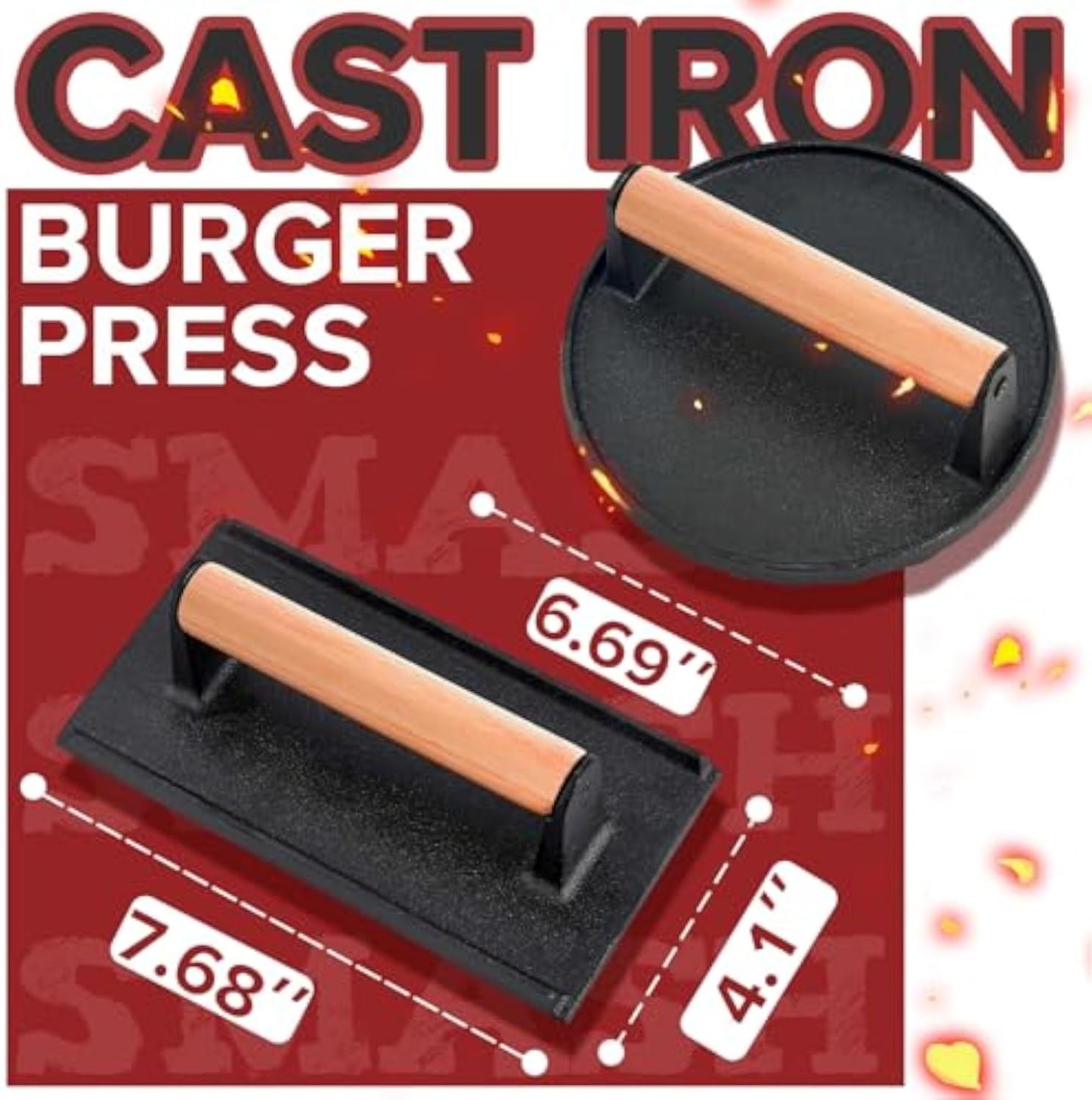 5pcs Smash Burger Press Kit, 3 in 1 Hamburger Press Patty Maker, Cast Iron Burger Press Round & Rectangle, 100pcs Wax Paper for Grill, Griddle, Flat top, Kitchen, Cooking