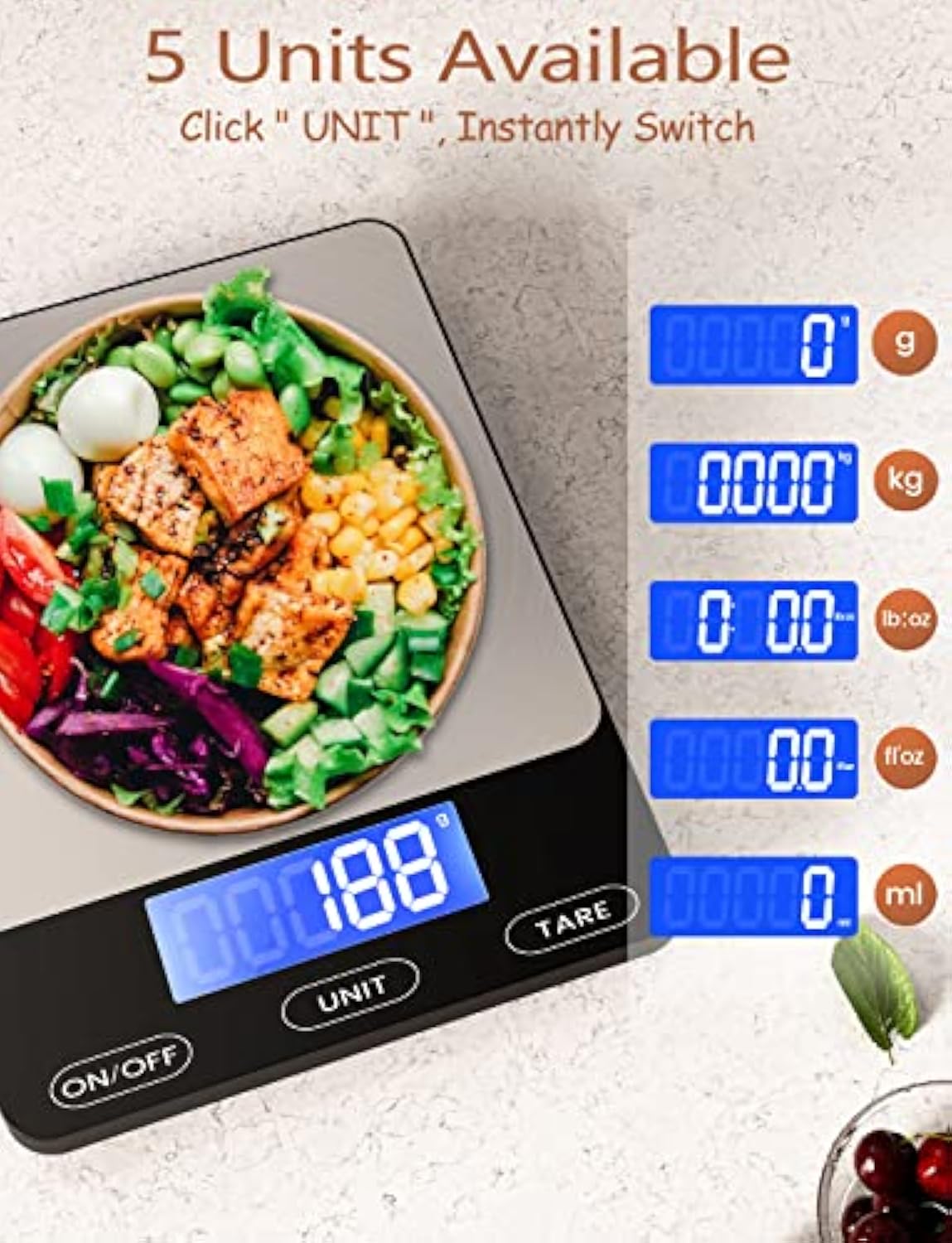 Food Scale -33lb Digital Kitchen Scale for Food Ounces Grams Rechargeable 304 Stainless Steel,Batteries and Type-C Charging | Perfect for Meal Prep, Cooking, and Baking, Black