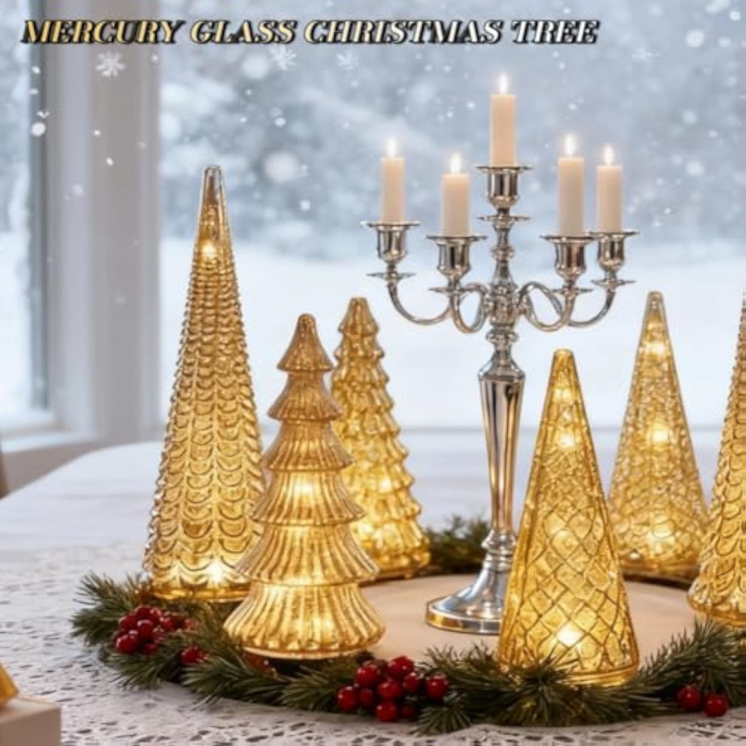 Set of 5 Illuminated Mercury Glass Trees - Upgrade Mercury Glass Christmas Trees with LED Lighted Tabletop Decor, Crackled Mercury GlassTrees for Xmas Home Party Centerpiece Tabletop Mantel (Silver)