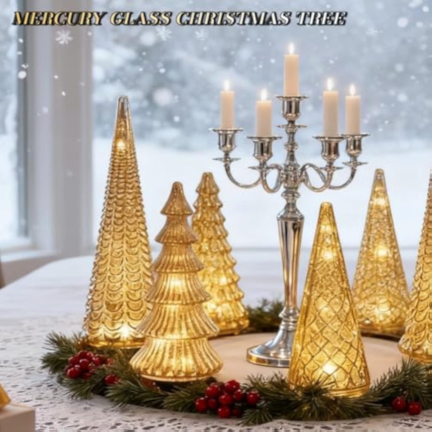Set of 5 Illuminated Mercury Glass Trees - Upgrade Mercury Glass Christmas Trees with LED Lighted Tabletop Decor, Crackled Mercury GlassTrees for Xmas Home Party Centerpiece Tabletop Mantel (Silver)