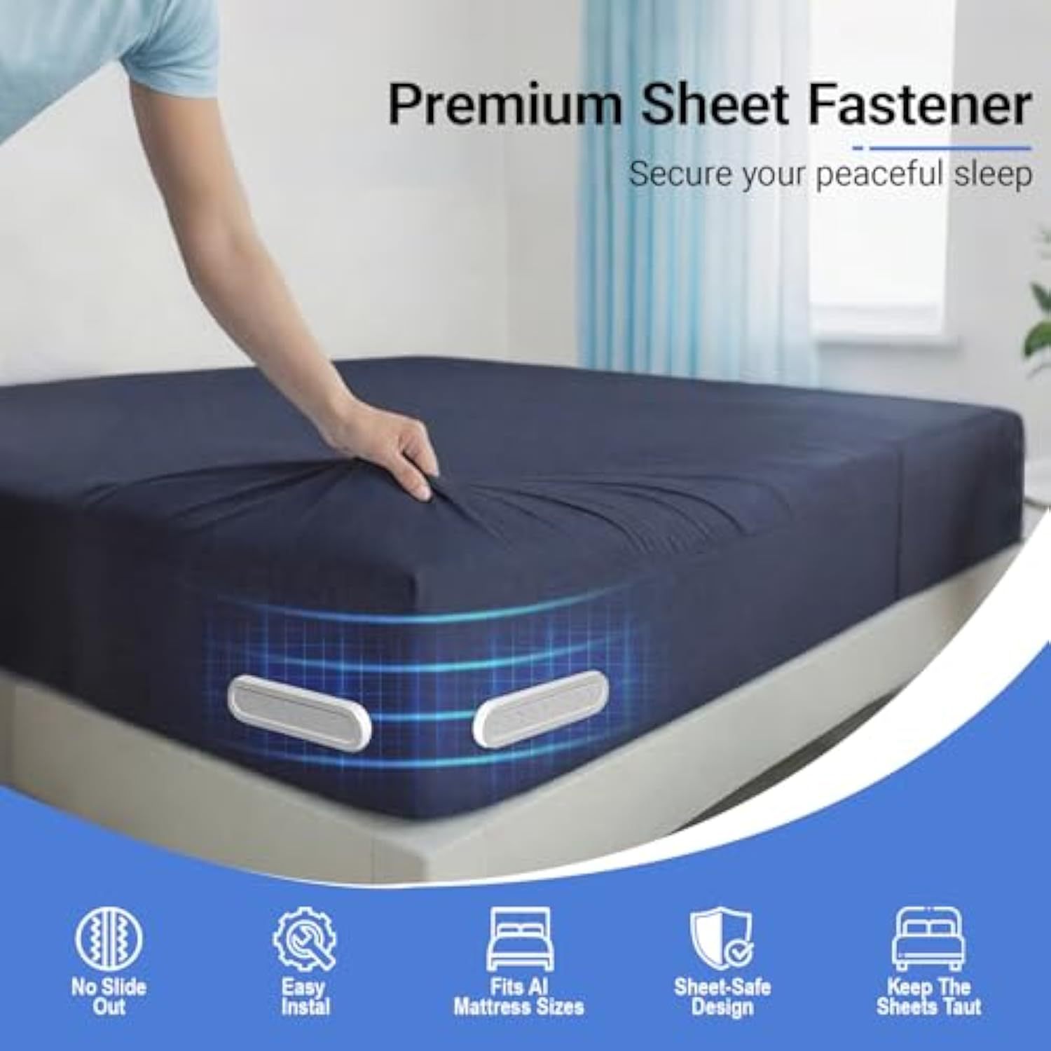 Upgraded Bed Sheet Holders for Corners, Heavy Duty 4 Pack Extra Large Fitted Sheet Clips -Lock Sheet Fasteners Keep Sheets Firm and Tight on Twin, Full, Queen, King Mattress, Easy Install