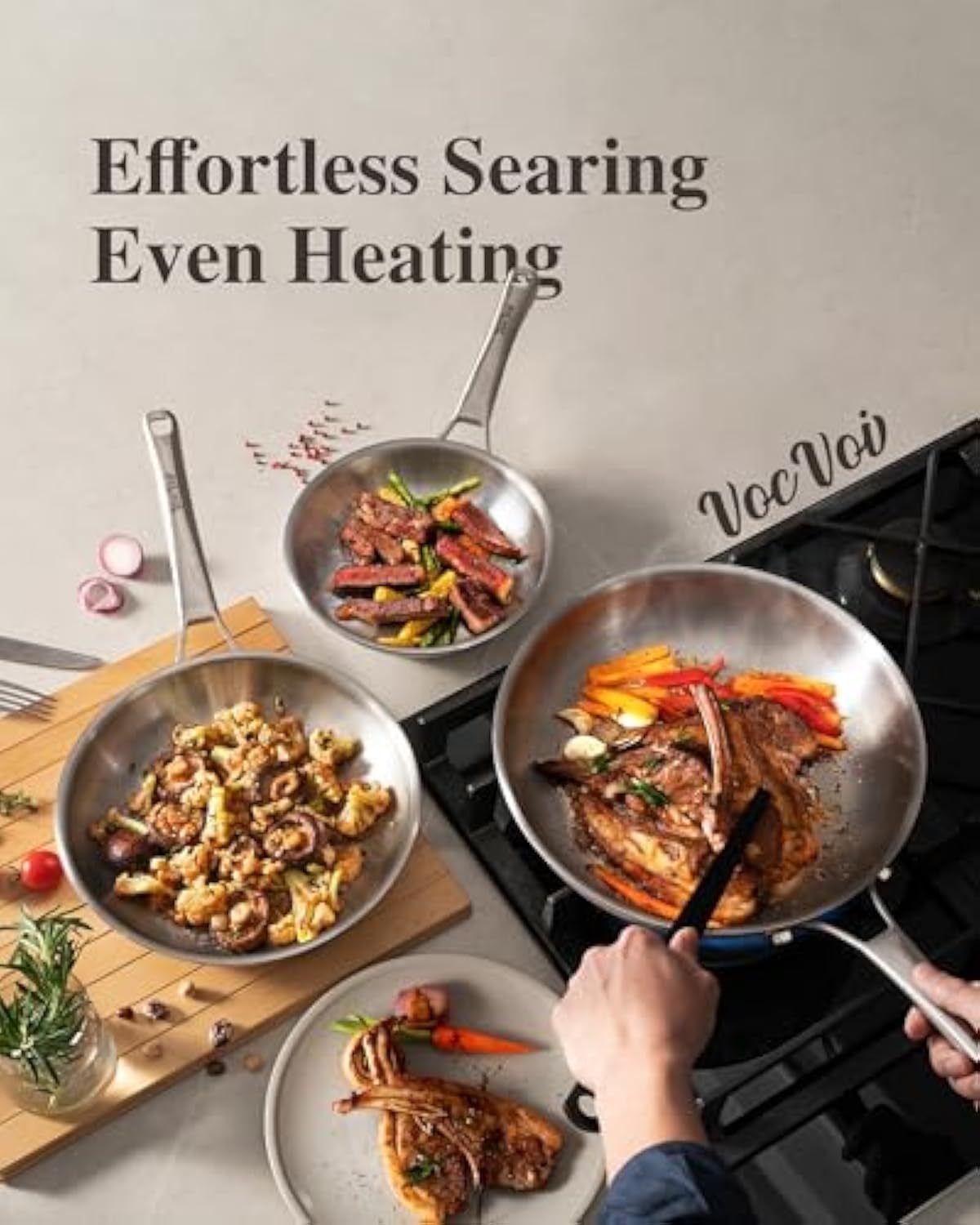 12 inch Tri-Ply Stainless Steel Frying Pan with LID,PFOA&PTFE Free Skillets,Chef's Pans,Dishwasher and Oven Safe Cookware, Works on Induction,Ceramic and Gas Cooktops