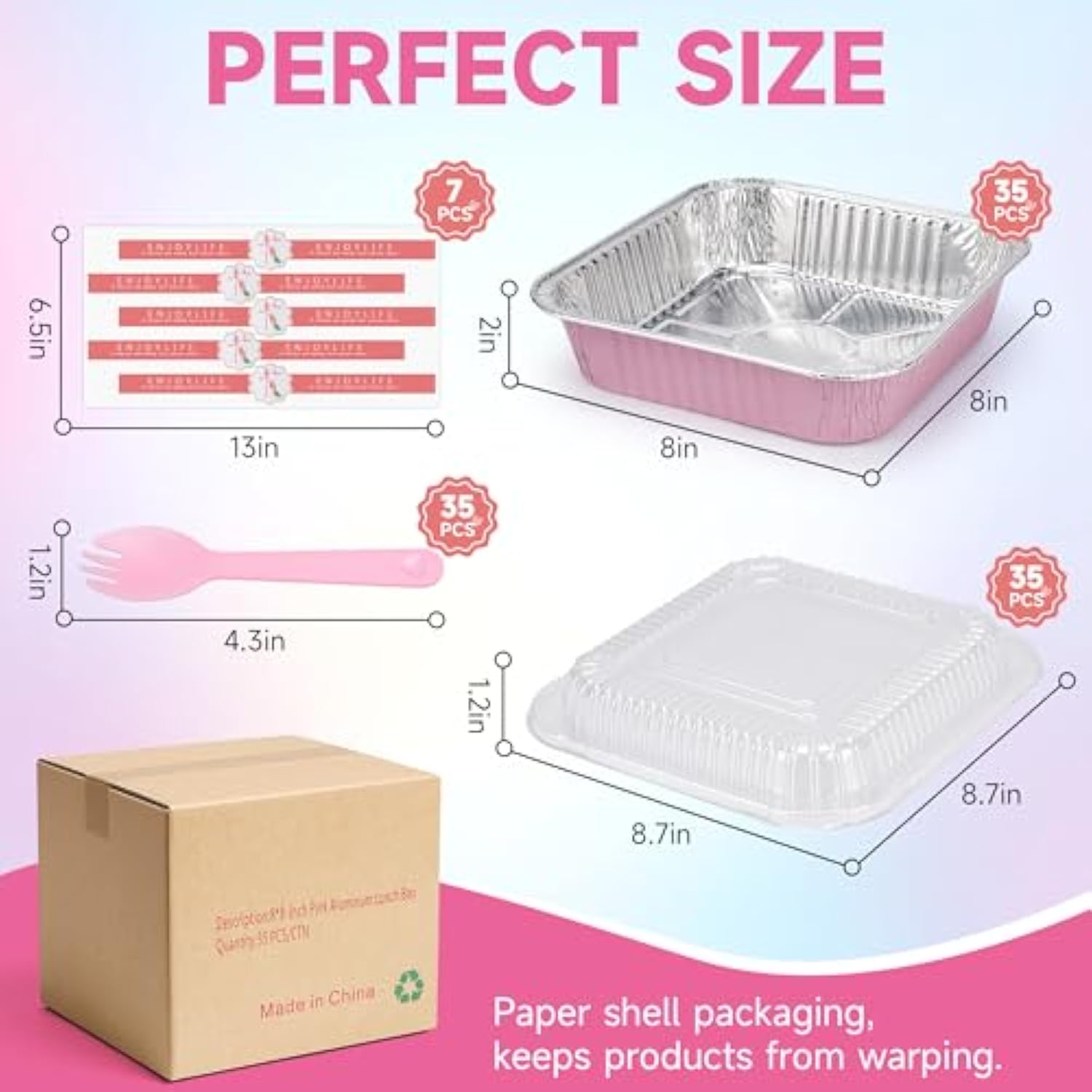 (35 Pack)Pink 8x8 Inch Disposable Aluminum Foil Pans&Square Cake Pans for Parties, Clear Plastic Lids,Eco-Friendly Baking Trays with Stickers&Cake Spoons,Picnics,Casseroles,Takeout,Recyclable Cookware