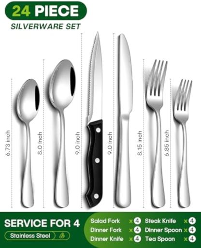 24 Pcs Silverware Set with Steak Knives Food-Grade Stainless Steel Flatware Set for 4 Mirror Cutlery Include Forks Spoons and Knives Set Dishwasher Safe Utensil Sets for Home Restaurant