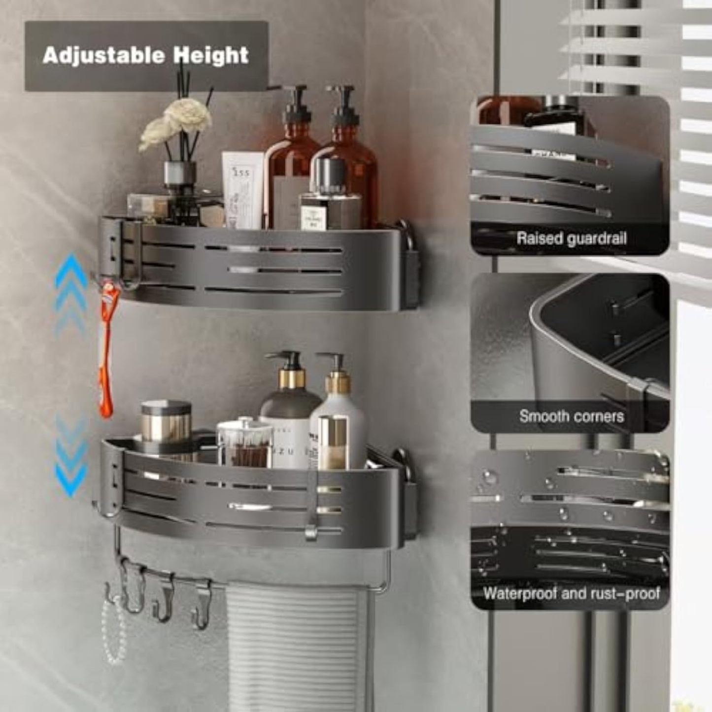 Voldra Corner Shower Caddy Suction Cup, 2 Pack Corner Shower Shelves No Drilling, Aluminum Upgrade Suction Cup Shower Organizer with Towel Bar & Hooks Removable Bathroom Storage Rack(Gray)