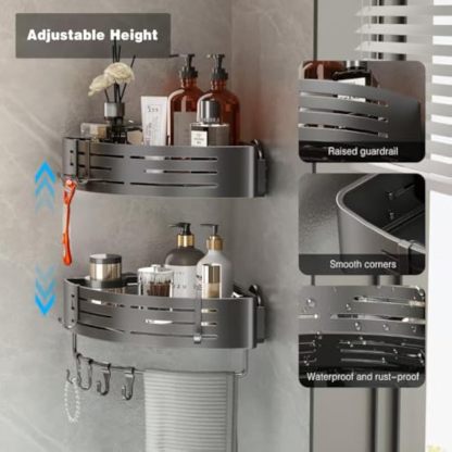 Voldra Corner Shower Caddy Suction Cup, 2 Pack Corner Shower Shelves No Drilling, Aluminum Upgrade Suction Cup Shower Organizer with Towel Bar & Hooks Removable Bathroom Storage Rack(Gray)