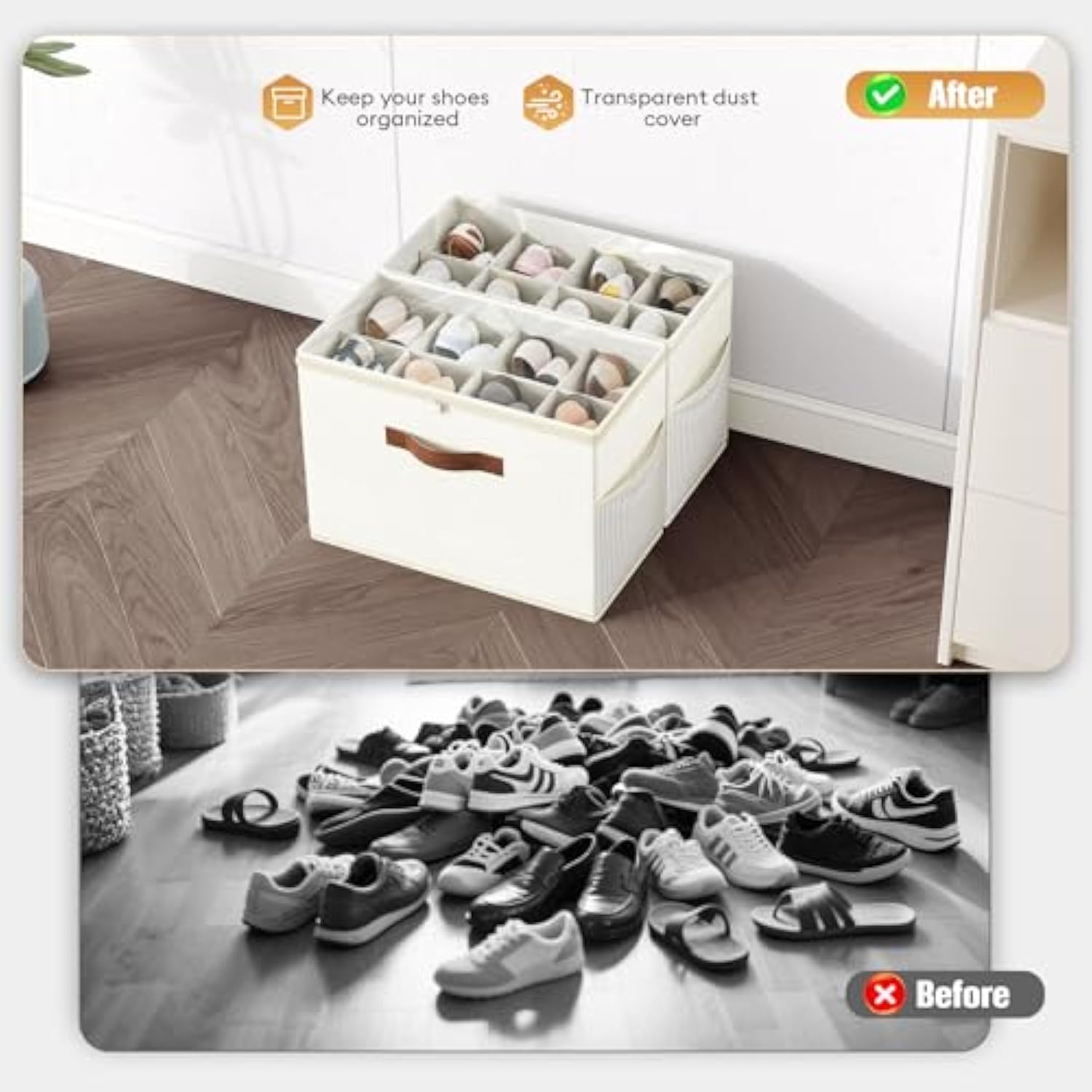 2 Pack Shoe Organizer for Closet, Clear Foldable Shoe Storage Containers Adjustable Dividers Fits 16 Pairs,Shoe Storage Bins Baskets Boxes with Reinforced Handles Beige