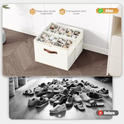 2 Pack Shoe Organizer for Closet, Clear Foldable Shoe Storage Containers Adjustable Dividers Fits 16 Pairs,Shoe Storage Bins Baskets Boxes with Reinforced Handles Beige