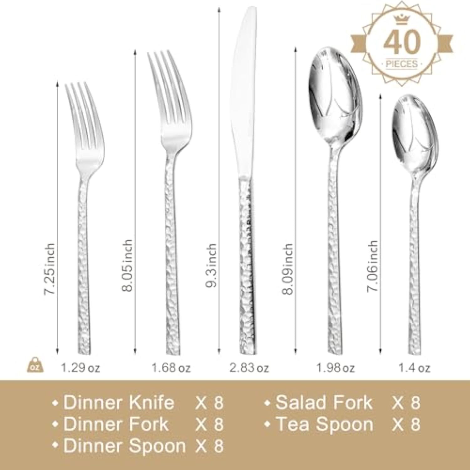 40 Piece Hammered Silverware Set, 18/10 Stainless Steel Flatware Set for 8, Cutlery Set for Home, Party, Wedding, Mirror Polished Dishwasher Safe