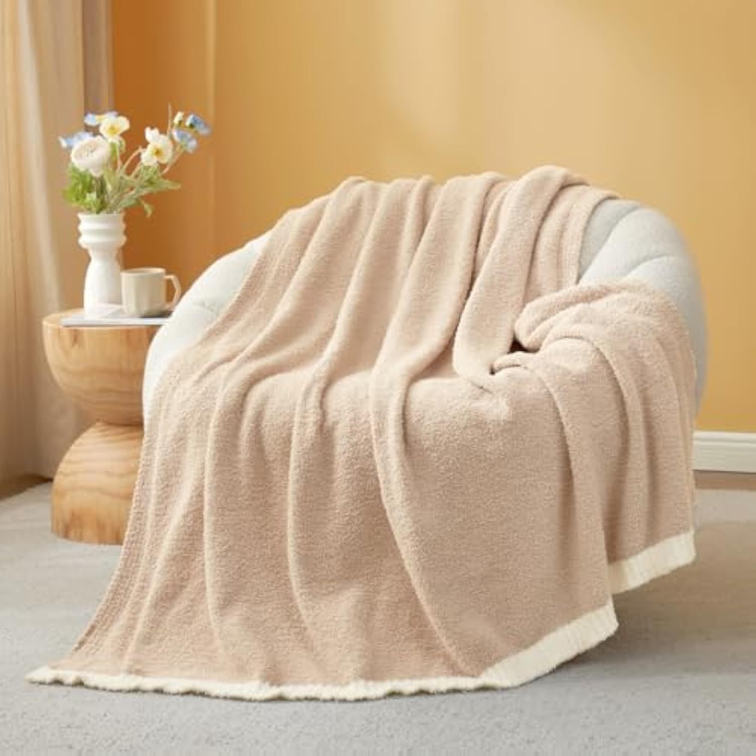 Ultra Soft Throw Blanket for Couch Bed Sofa 50x60 inches, Reversible Beige Blanket Microfiber Fluffy Fuzzy Cozy Knit Throws for Women Mothers Birthday Gifts