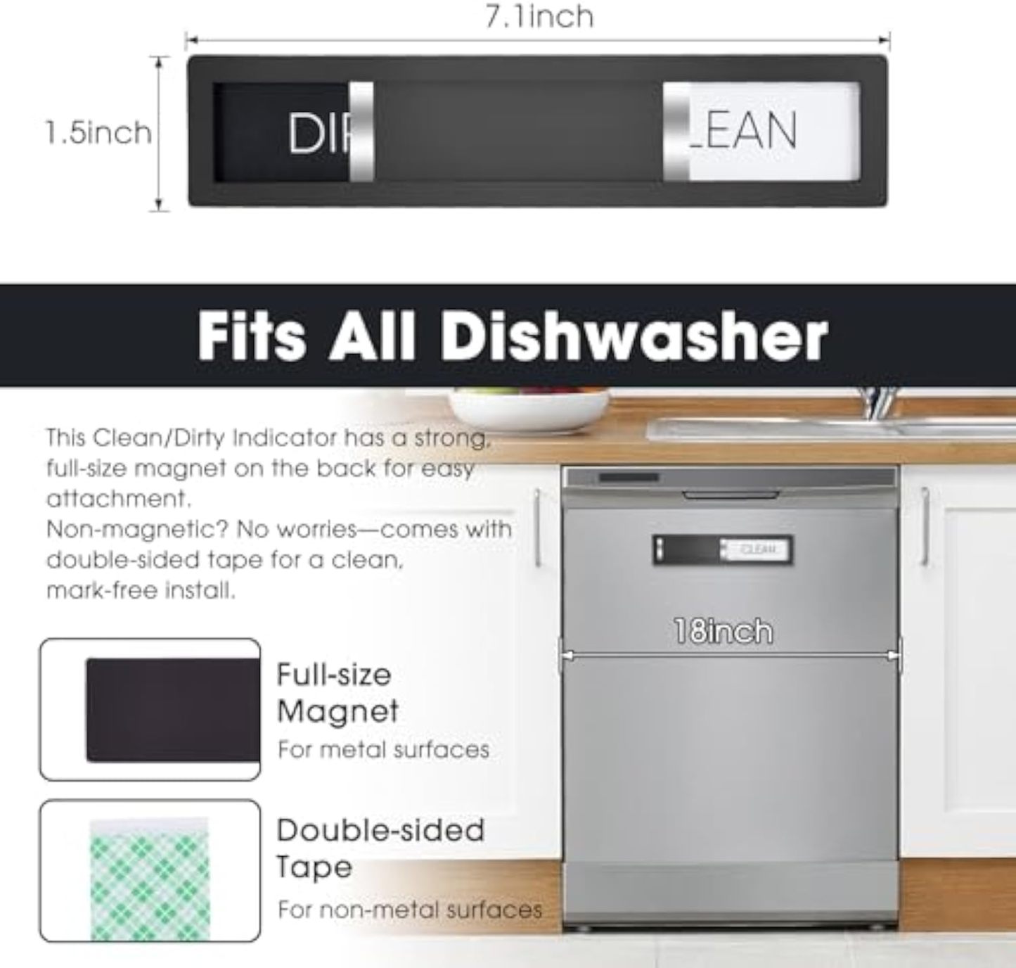 Dishwasher Magnet Clean Dirty Sign, HYF DESIGN Grade 304 Stainless Steel, Non-Scratch/Easy to Read & Slide/Strong Clean Dirty Magnet for Dishwasher, Extra Adhesive Tapes Included