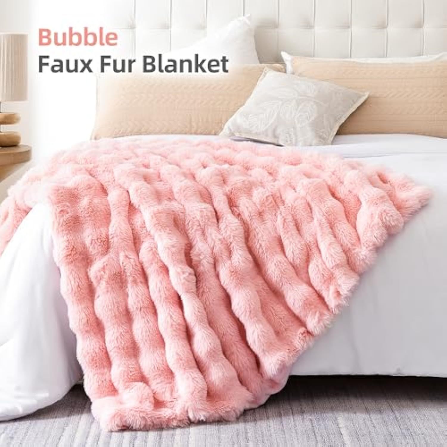Faux Fur Throw Blanket for Couch – Blush Pink Fluffy Cozy Rabbit Fleece, Plush Soft Bubble Blanket for Sofa & Bed, for Mom, Warm Fuzzy Home Room Decor Throw 50" x 60"