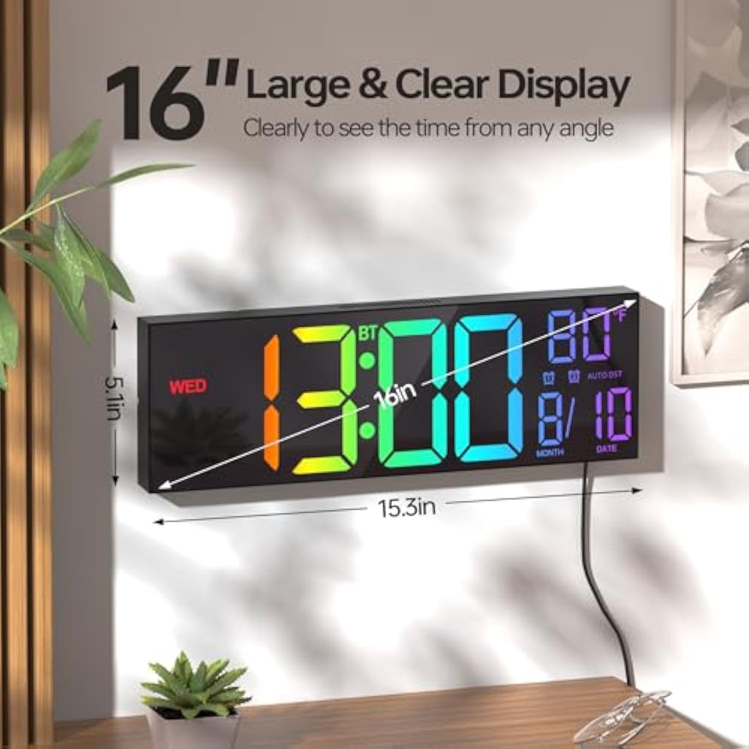 16.2" Large Digital Wall Clock with Seconds, Bluetooth Sync, Alarm Big LED, RGB Color, DST Temperature for Classroom Bedroom Garage Gym, Mount, Xmas, Birthday Gift for Aged Elderly Mother Father