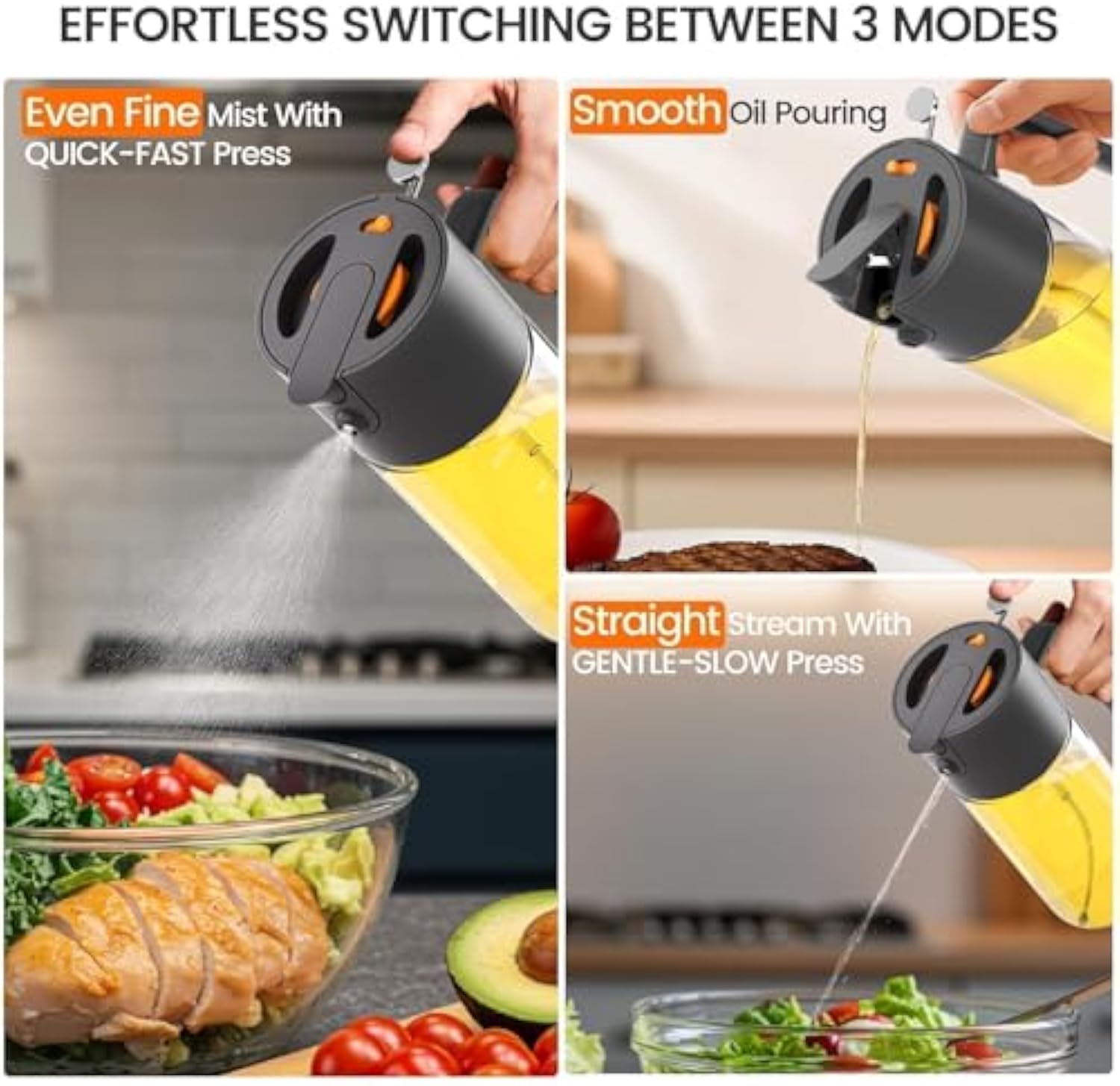 Oil Sprayer for Cooking, 2025 Large Advanced Olive Oil Dispenser Bottle,500ml/17oz Glass Olive Oil Sprayer,2 in 1 Even Spray with Portion Control for Kitchen, Air Fryer, Salad, BBQ - Black