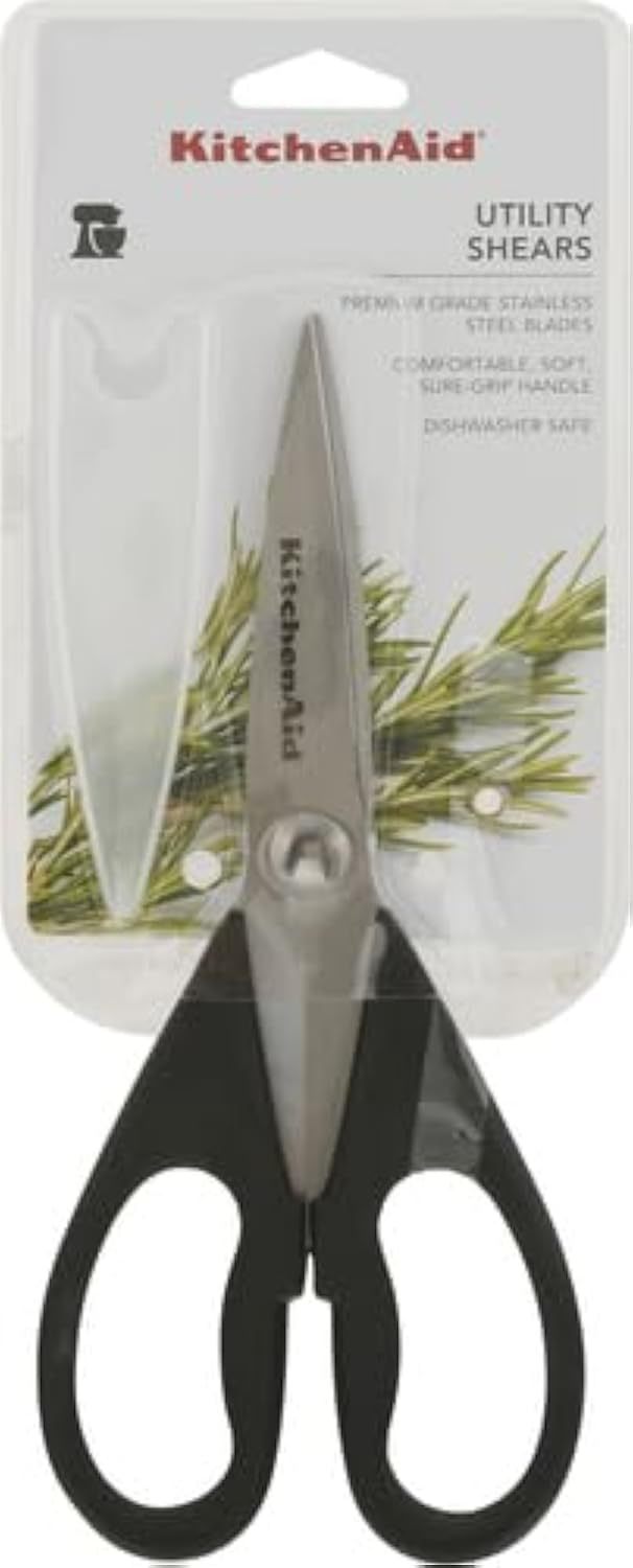 KitchenAid All Purpose Kitchen Shears with Protective Sheath Durable Stainless Steel Scissors, Dishwasher Safe, Soft Grip Comfort Handle, 8.72 Inch, Black