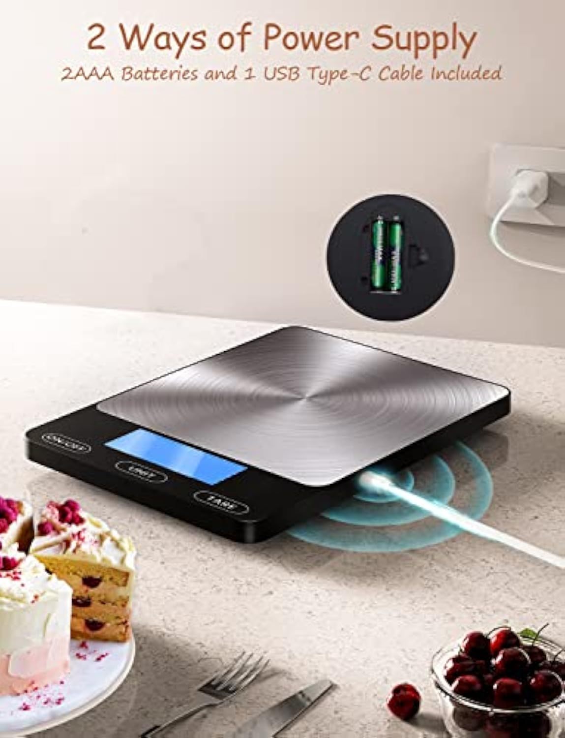 Food Scale -33lb Digital Kitchen Scale for Food Ounces Grams Rechargeable 304 Stainless Steel,Batteries and Type-C Charging | Perfect for Meal Prep, Cooking, and Baking, Black