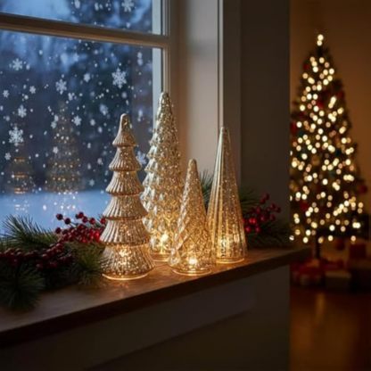 Set of 5 Illuminated Mercury Glass Trees - Upgrade Mercury Glass Christmas Trees with LED Lighted Tabletop Decor, Crackled Mercury GlassTrees for Xmas Home Party Centerpiece Tabletop Mantel (Silver)