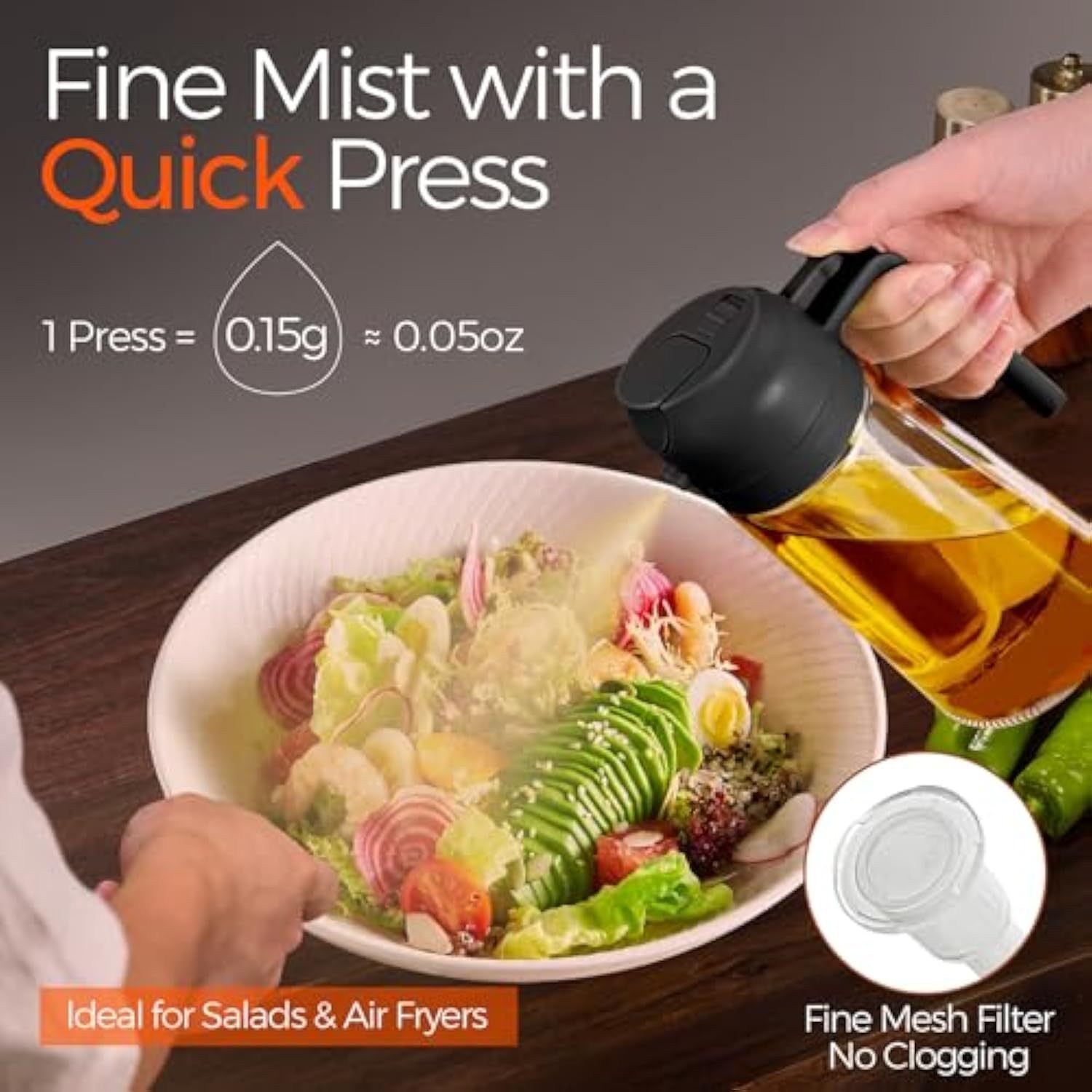 16oz/470ml Glass Olive Oil Sprayer for Cooking with Stickers, 2 in 1 Oil Dispenser for Kitchen Gadgets, Food Grade Premium Spray Bottle with Portion Control for Salad, Frying, BBQ (Black)