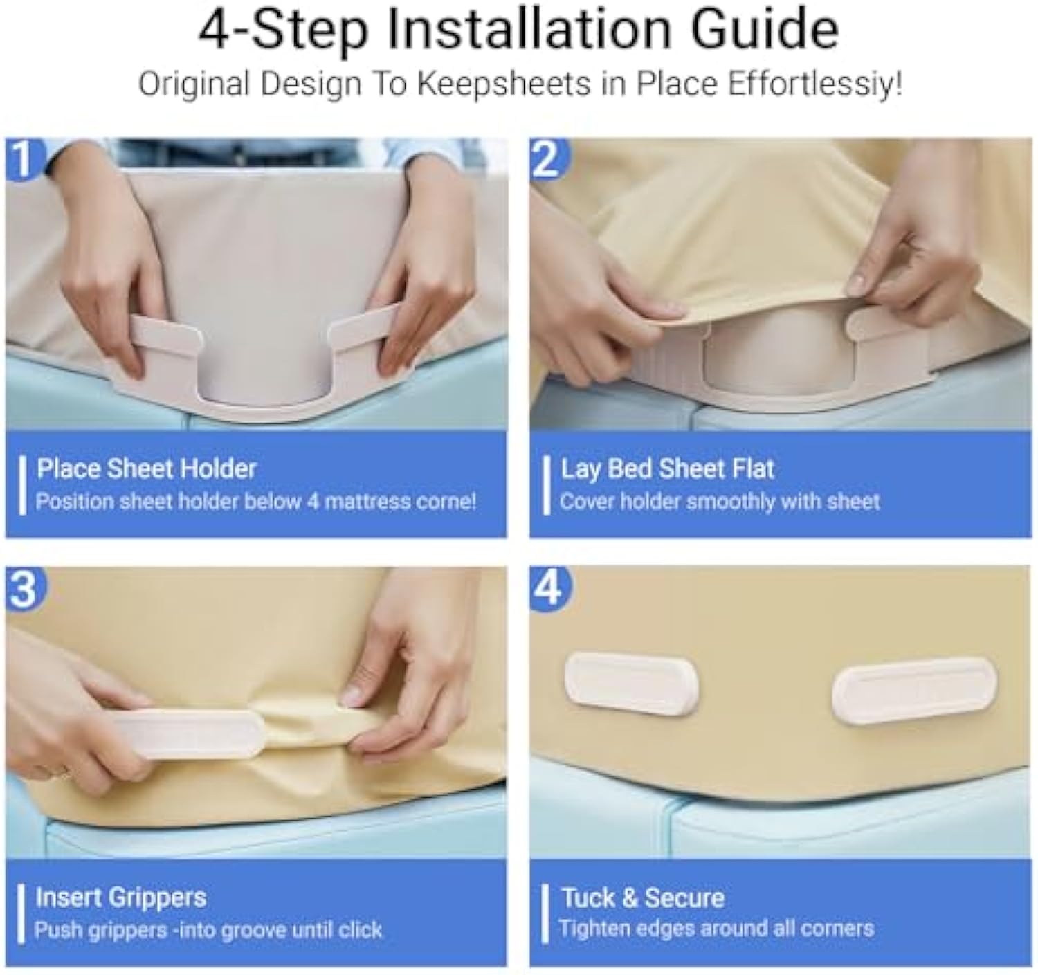 Upgraded Bed Sheet Holders for Corners, Heavy Duty 4 Pack Extra Large Fitted Sheet Clips -Lock Sheet Fasteners Keep Sheets Firm and Tight on Twin, Full, Queen, King Mattress, Easy Install