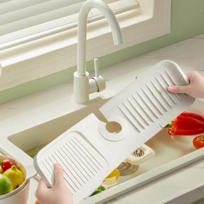 Faucet Guard and Draining Mat for Sink, 2024 New Kitchen Faucet Mat for Kitchen Sink Accessories Gadgets, Silicone Drying Mat for Kitchen Counter Bathroom (White, Large)