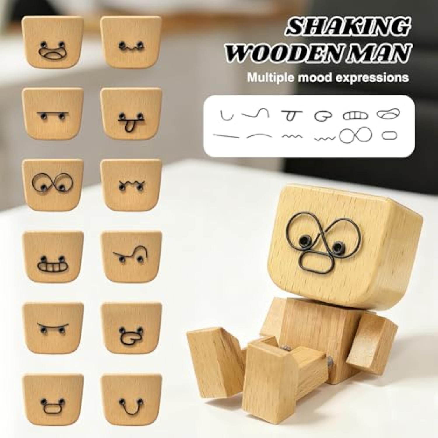 Shaking Wooden Man Figurine，Charming Little Wooden Figure That Sways Shake Your Feet with 12 PCS Expressions,Handmade Shaking Feet for Dashboard Wood Desktop