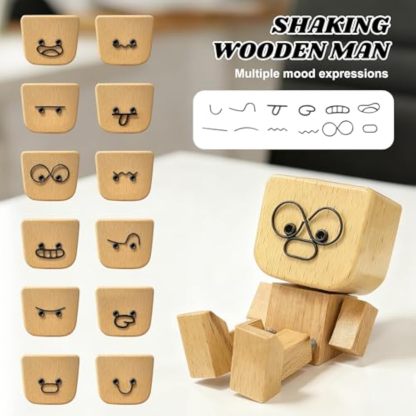 Shaking Wooden Man Figurine，Charming Little Wooden Figure That Sways Shake Your Feet with 12 PCS Expressions,Handmade Shaking Feet for Dashboard Wood Desktop