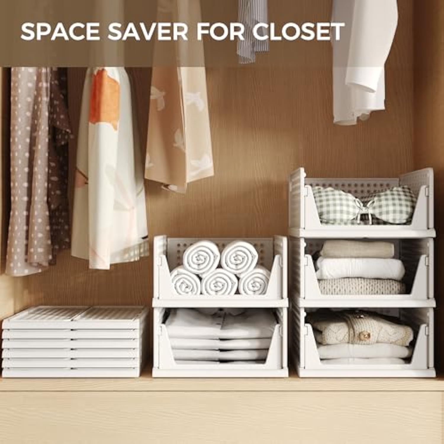 6 Pack Closet Organizers Storage Box, Stackable Plastic Drawer Basket for Clothing, Stackable Storage Bins Shelf Storage Container for Closet Wardrobe Bedroom Bathroom Office White