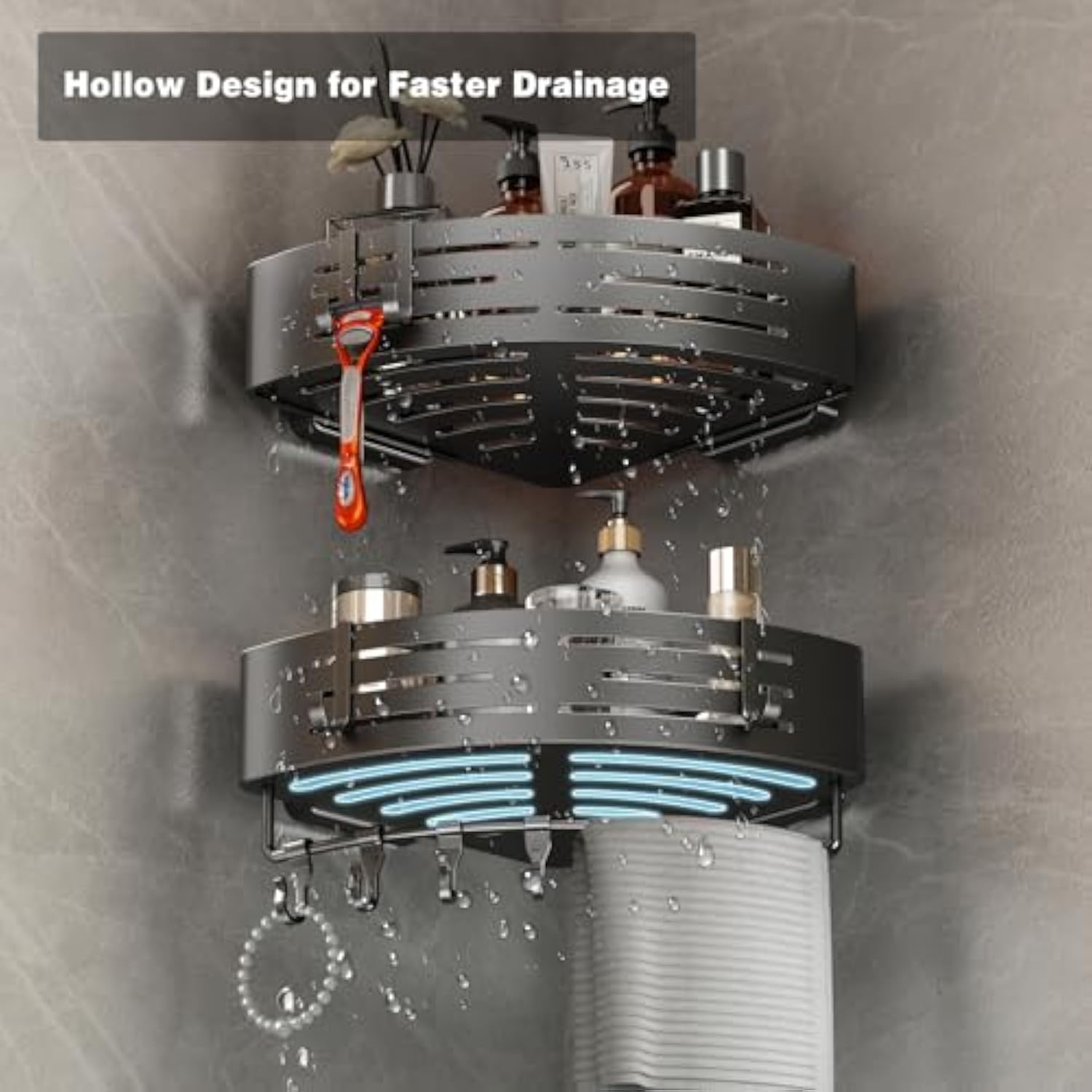 Voldra Corner Shower Caddy Suction Cup, 2 Pack Corner Shower Shelves No Drilling, Aluminum Upgrade Suction Cup Shower Organizer with Towel Bar & Hooks Removable Bathroom Storage Rack(Gray)