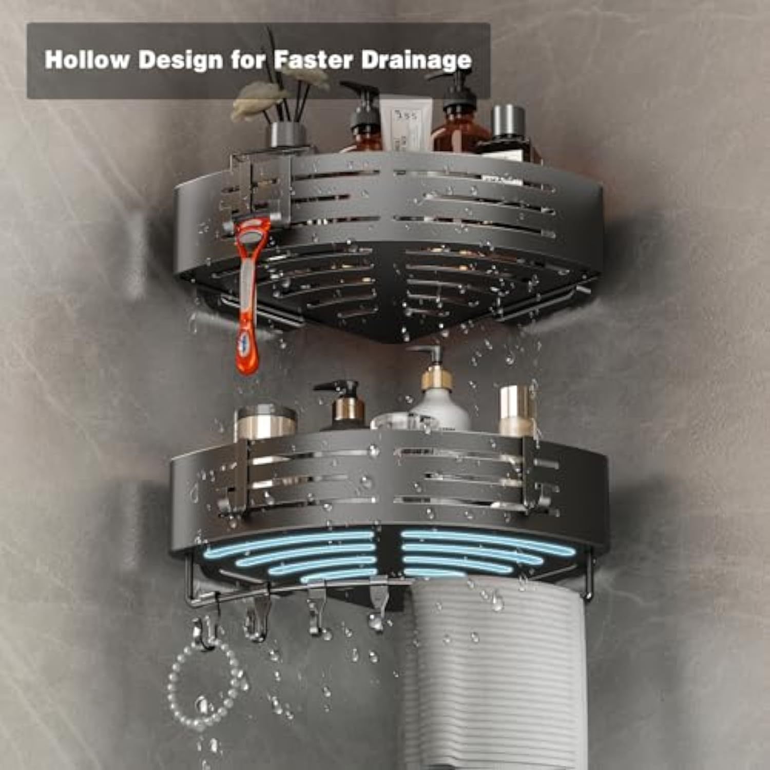 Voldra Corner Shower Caddy Suction Cup, 2 Pack Corner Shower Shelves No Drilling, Aluminum Upgrade Suction Cup Shower Organizer with Towel Bar & Hooks Removable Bathroom Storage Rack(Gray)