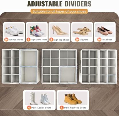 2 Pack Shoe Organizer for Closet, Clear Foldable Shoe Storage Containers Adjustable Dividers Fits 16 Pairs,Shoe Storage Bins Baskets Boxes with Reinforced Handles Beige