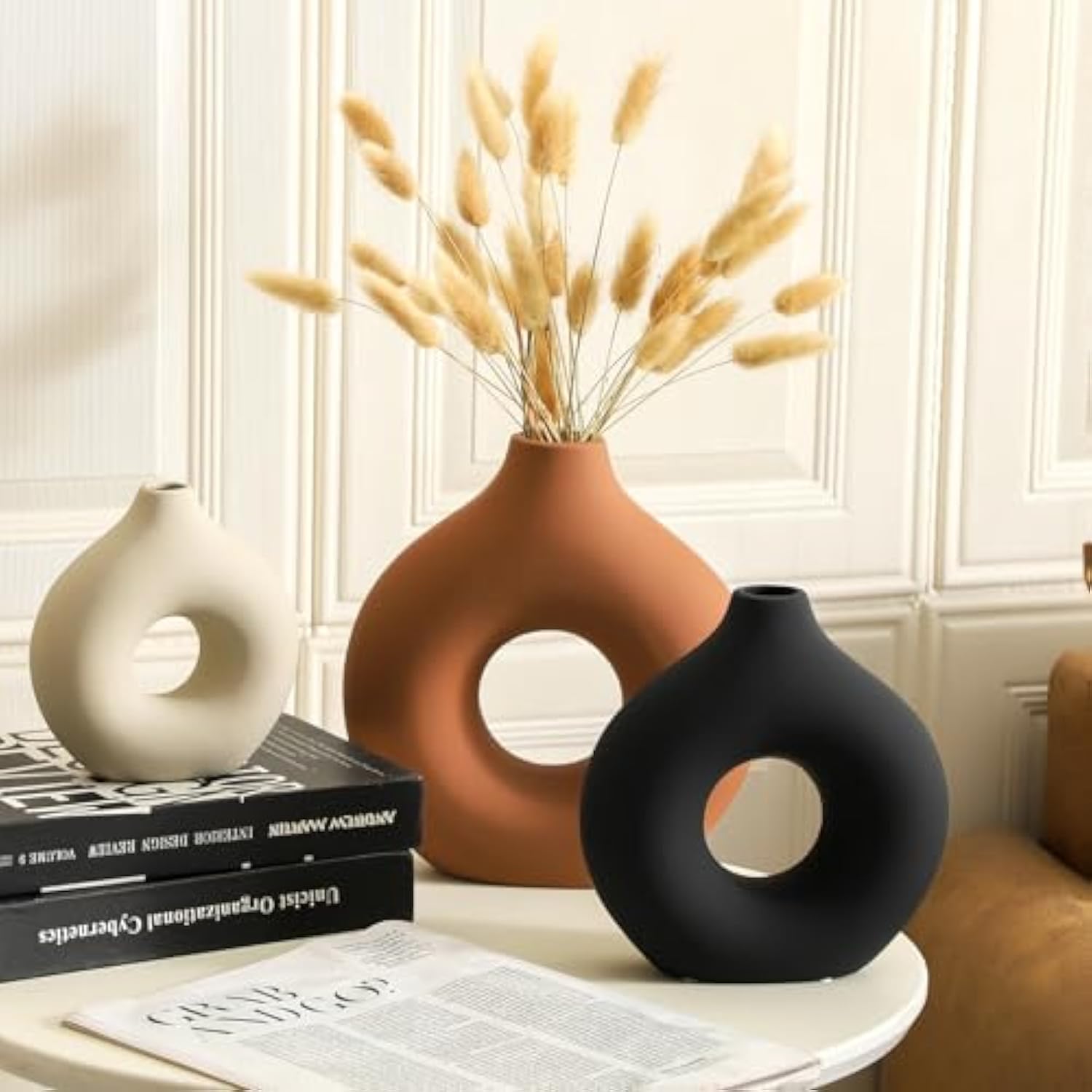 Ceramic Vase Home Table Decor - Flower Vases Set of 3 Small Living Room Centerpiece Decorations for Shelf Bedroom Office Kitchen Dining Desk Modern Aesthetic Farmhouse Decorative (Rust)