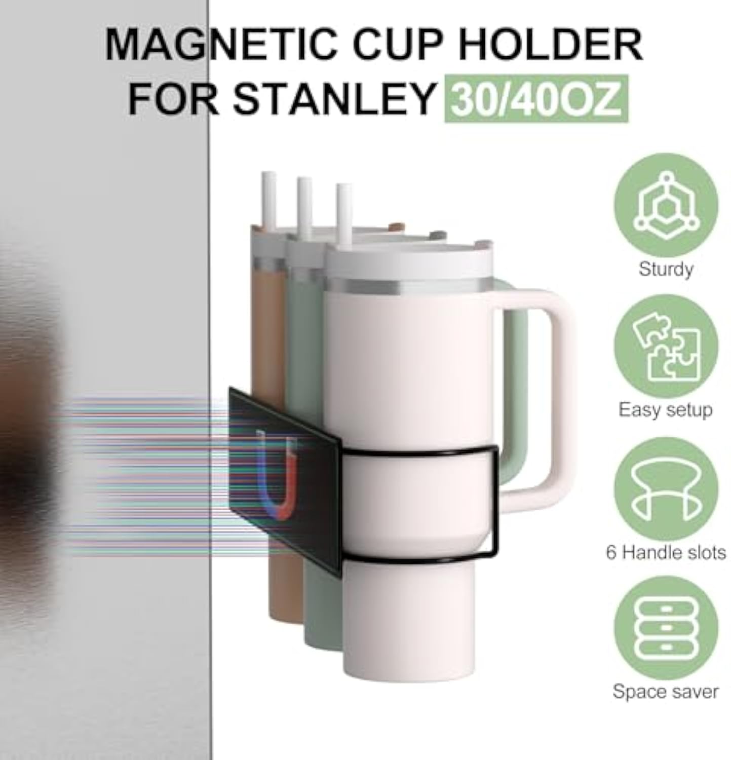 Magnetic Stanley Cup Holder for Refrigerator, Water Bottle Organizer with Handle for Stanley 40/30 oz, Tumbler Lid Organizer Compatible with Stanley Cup Accessories, Gifts Ideal