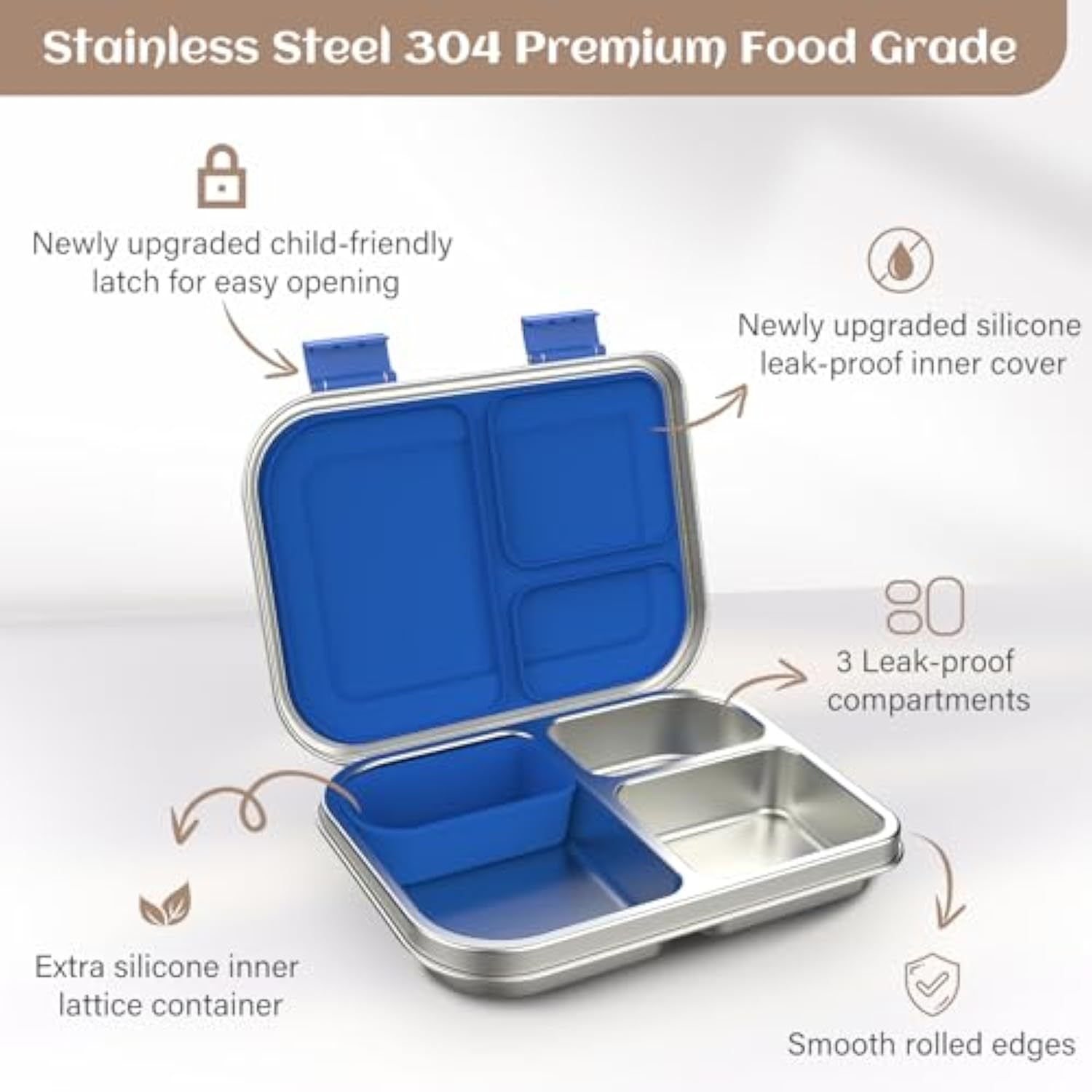 Stainless Steel Bento Box Kids, 3 Compartments Leak Proof Metal Bento Lunch Box, 304 Stainless Steel Bento Lunch Containers for School and Office,Dishwasher Safe, BPA-Free-Blue