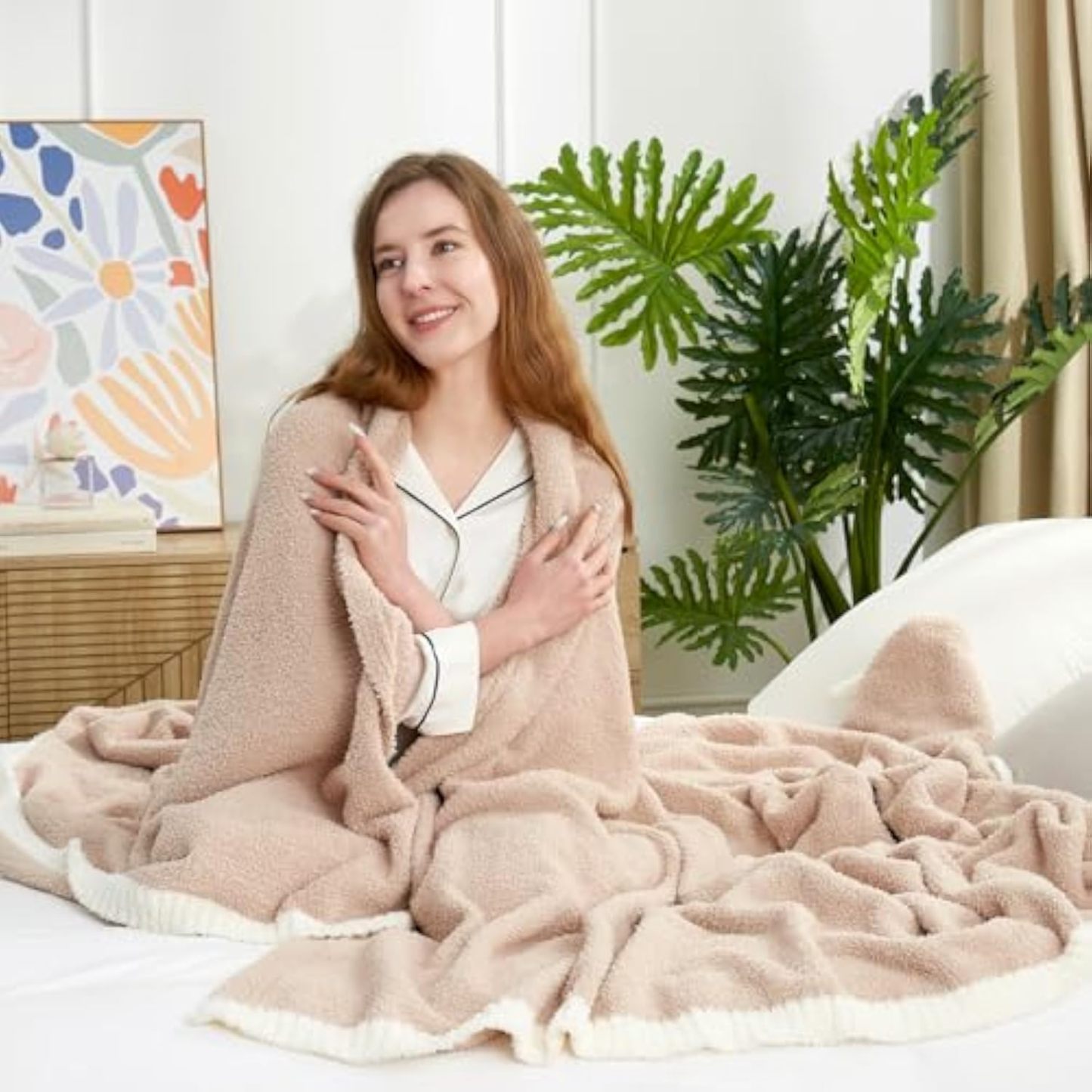 Ultra Soft Throw Blanket for Couch Bed Sofa 50x60 inches, Reversible Beige Blanket Microfiber Fluffy Fuzzy Cozy Knit Throws for Women Mothers Birthday Gifts