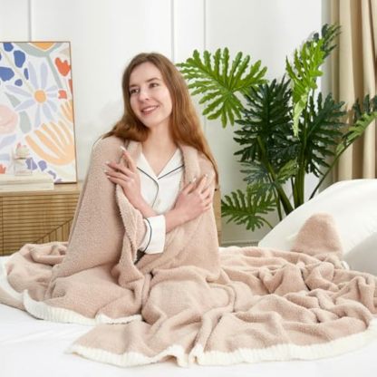 Ultra Soft Throw Blanket for Couch Bed Sofa 50x60 inches, Reversible Beige Blanket Microfiber Fluffy Fuzzy Cozy Knit Throws for Women Mothers Birthday Gifts