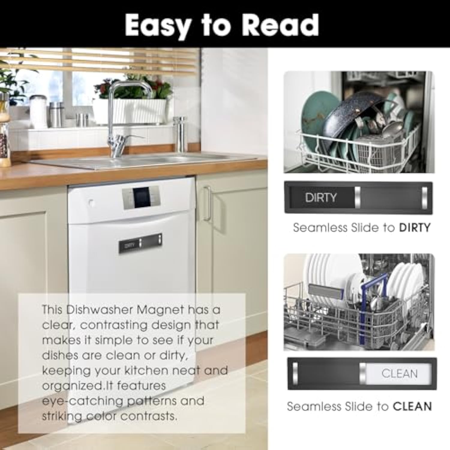 Dishwasher Magnet Clean Dirty Sign, HYF DESIGN Grade 304 Stainless Steel, Non-Scratch/Easy to Read & Slide/Strong Clean Dirty Magnet for Dishwasher, Extra Adhesive Tapes Included