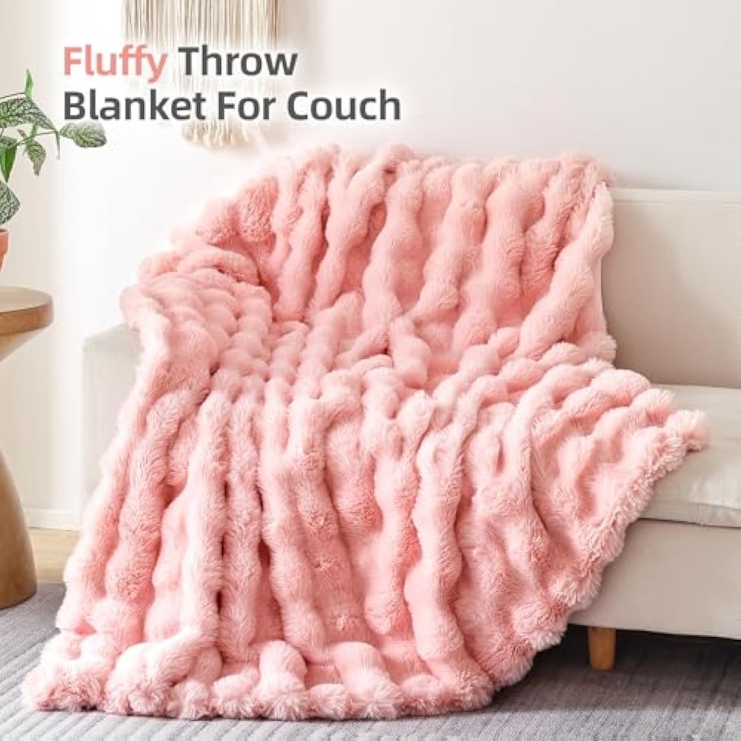 Faux Fur Throw Blanket for Couch – Blush Pink Fluffy Cozy Rabbit Fleece, Plush Soft Bubble Blanket for Sofa & Bed, for Mom, Warm Fuzzy Home Room Decor Throw 50" x 60"