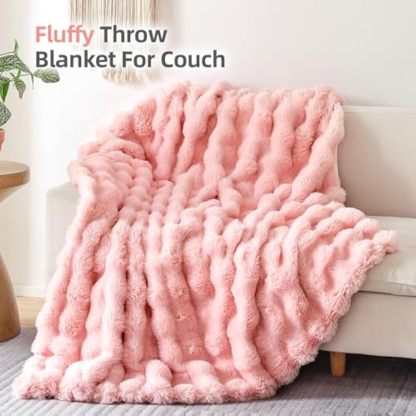 Faux Fur Throw Blanket for Couch – Blush Pink Fluffy Cozy Rabbit Fleece, Plush Soft Bubble Blanket for Sofa & Bed, for Mom, Warm Fuzzy Home Room Decor Throw 50" x 60"
