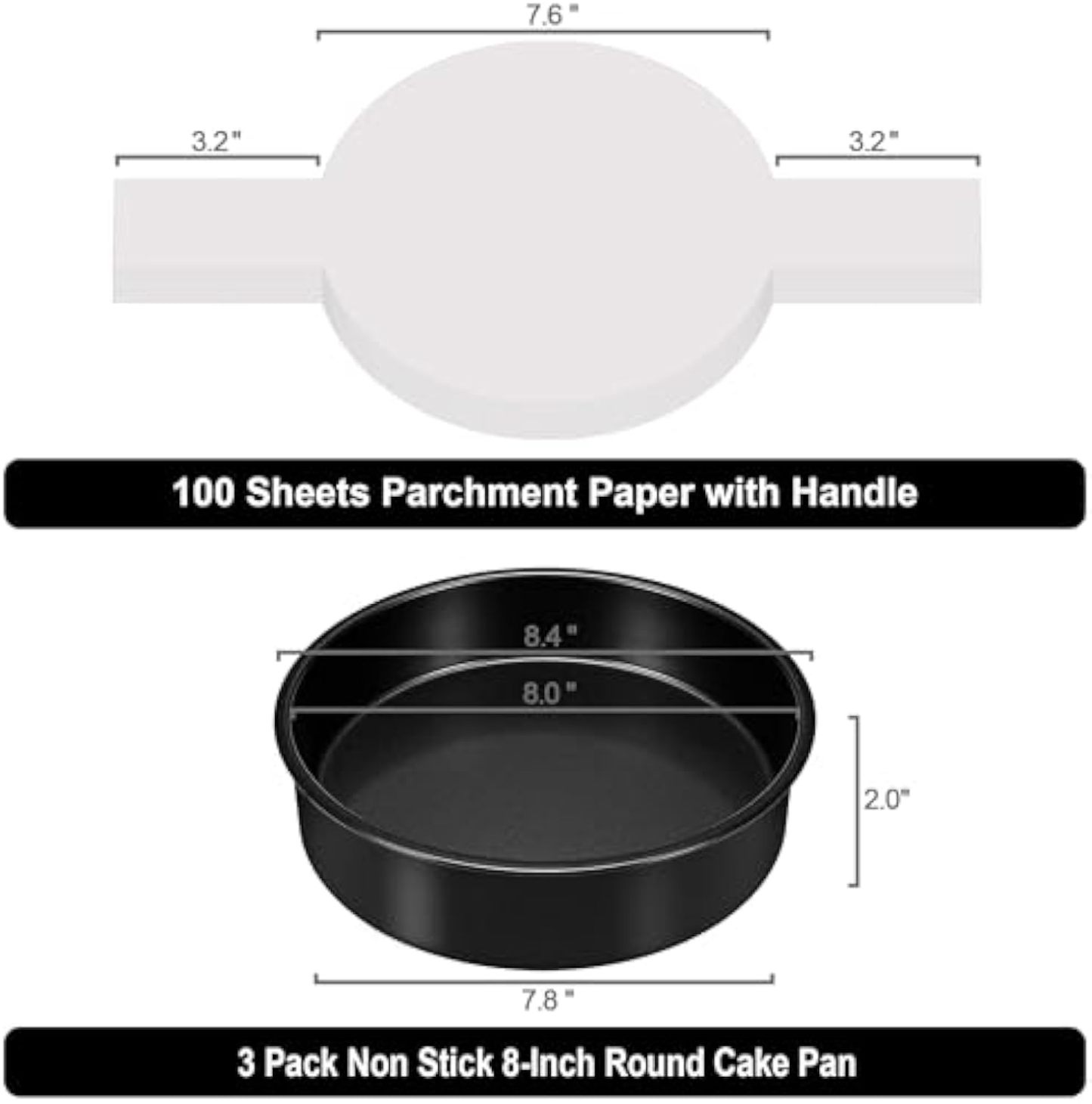 8 Inch Cake Pan Set of 3, Nonstick Baking Pans Set with 100PCS Pre-cut Parchment Paper for Layer Cakes, Durable Round Cake Pans Sets for Baking for Birthday Christmas, Dishwasher Safe