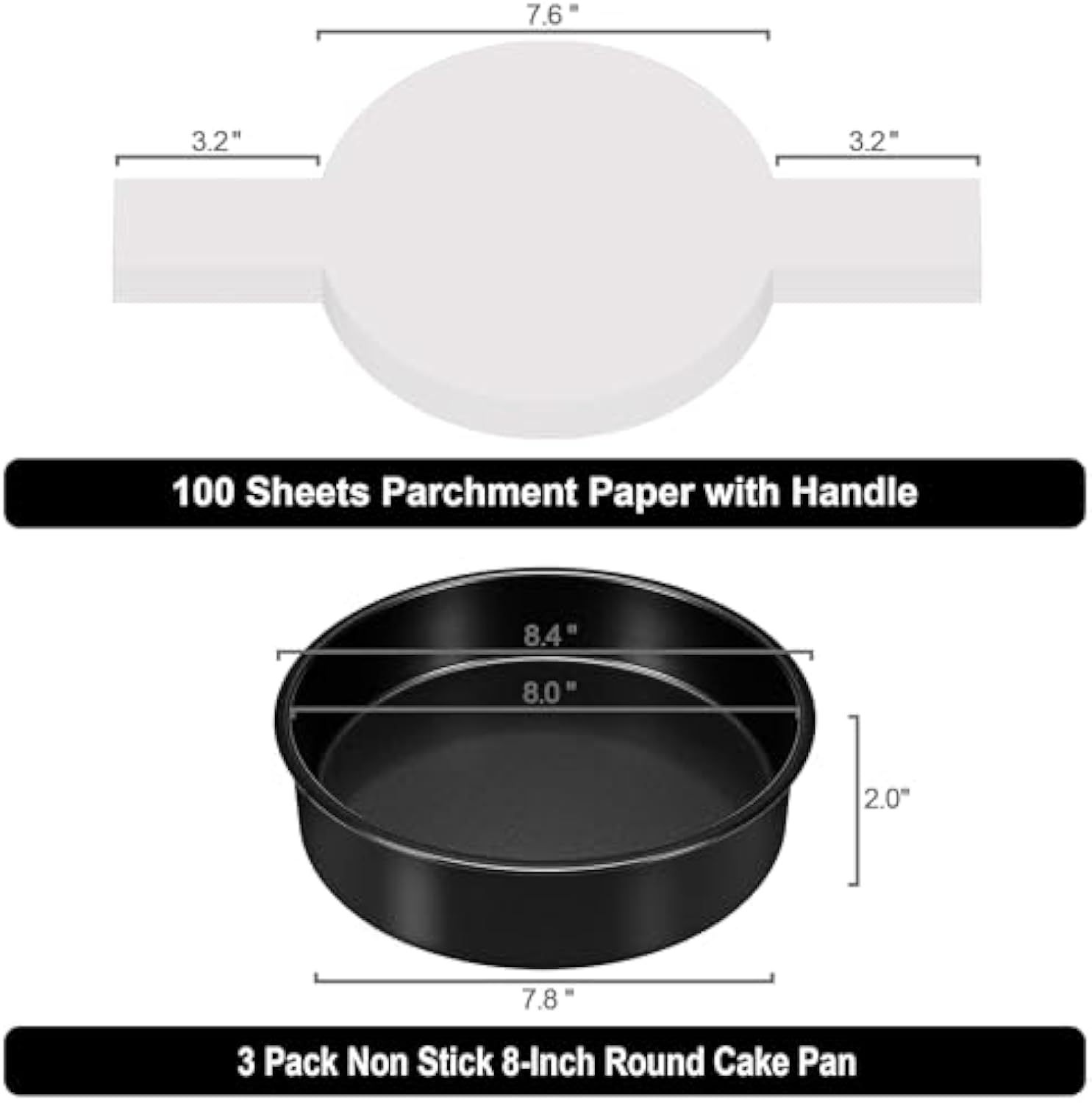 8 Inch Cake Pan Set of 3, Nonstick Baking Pans Set with 100PCS Pre-cut Parchment Paper for Layer Cakes, Durable Round Cake Pans Sets for Baking for Birthday Christmas, Dishwasher Safe