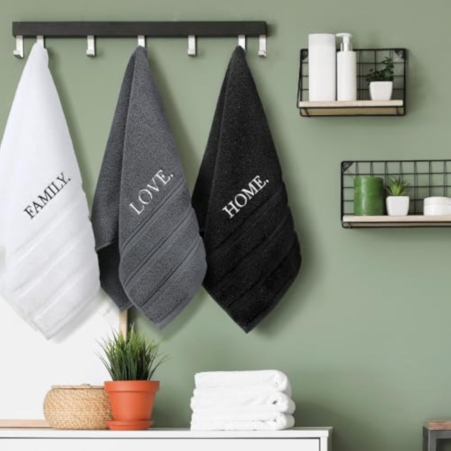 3 Pcs Farmhouse Decorative Hand Towels for Bathroom and Kitchen Rustic Embroidered 100% Cotton Hand Towels Decorative Set for Boho Bathroom Decor(Home Love Family)