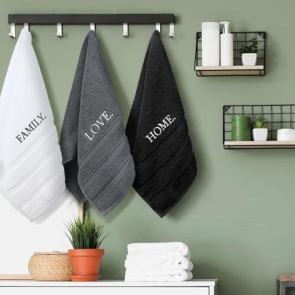 3 Pcs Farmhouse Decorative Hand Towels for Bathroom and Kitchen Rustic Embroidered 100% Cotton Hand Towels Decorative Set for Boho Bathroom Decor(Home Love Family)