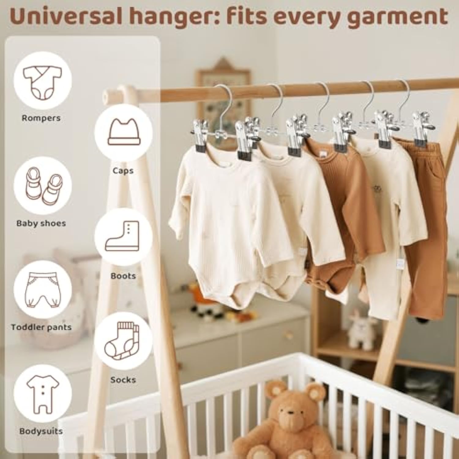 24 Pack Baby Hangers with Clips, 360°Rotatable Toddler Pant Hangers with Clips, Non-Slip Space Saving Kids Hanger for Newborn Children Clothes Skirts Boots Closet Organizers, Black