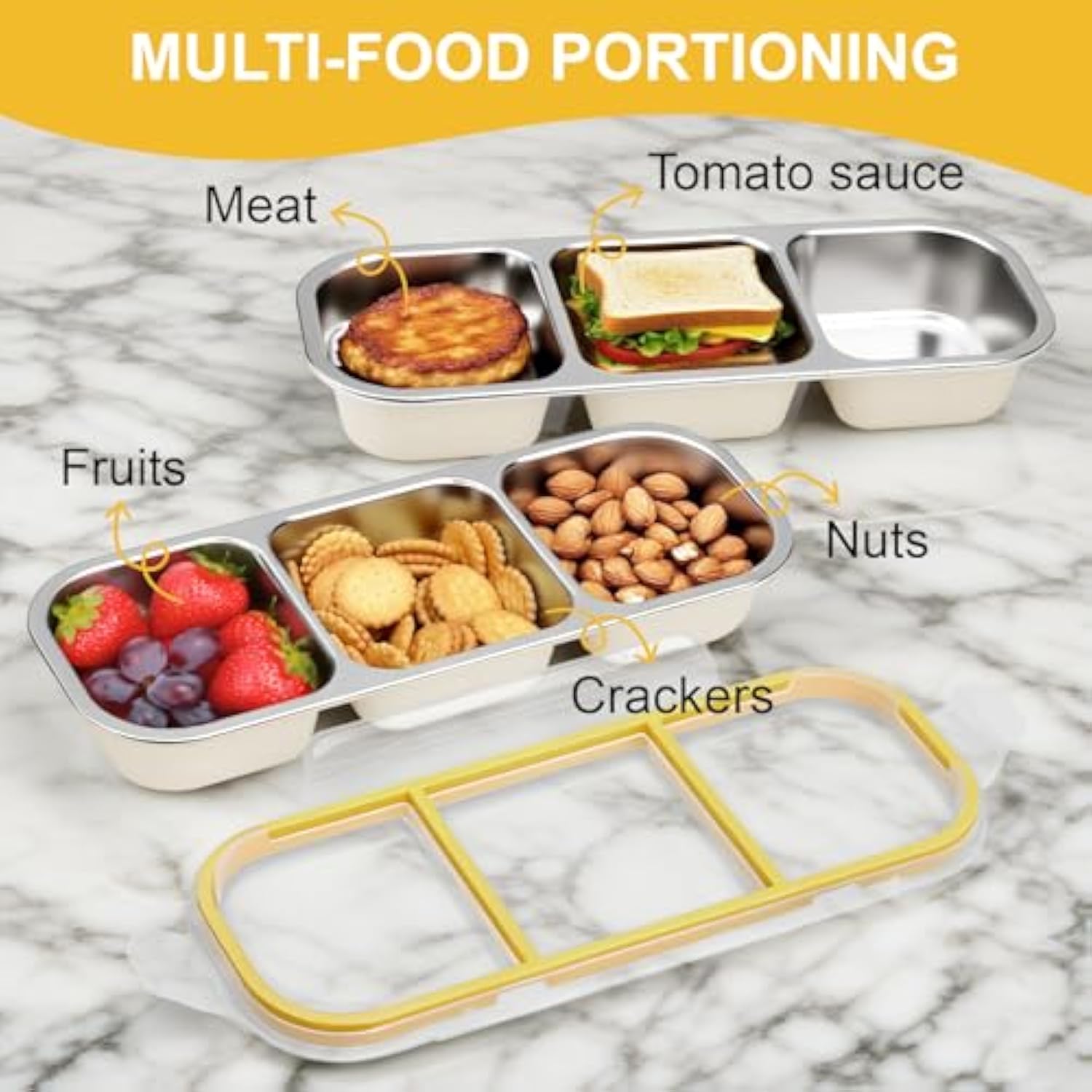 Stainless Steel Snack Container with Lids, Snackle Box Container for Adults, Reusable Metal Bento Box, Leek Proof 3 Compartment Divided Food Storage Containers for Diet Control, Picnic, Work, Travel